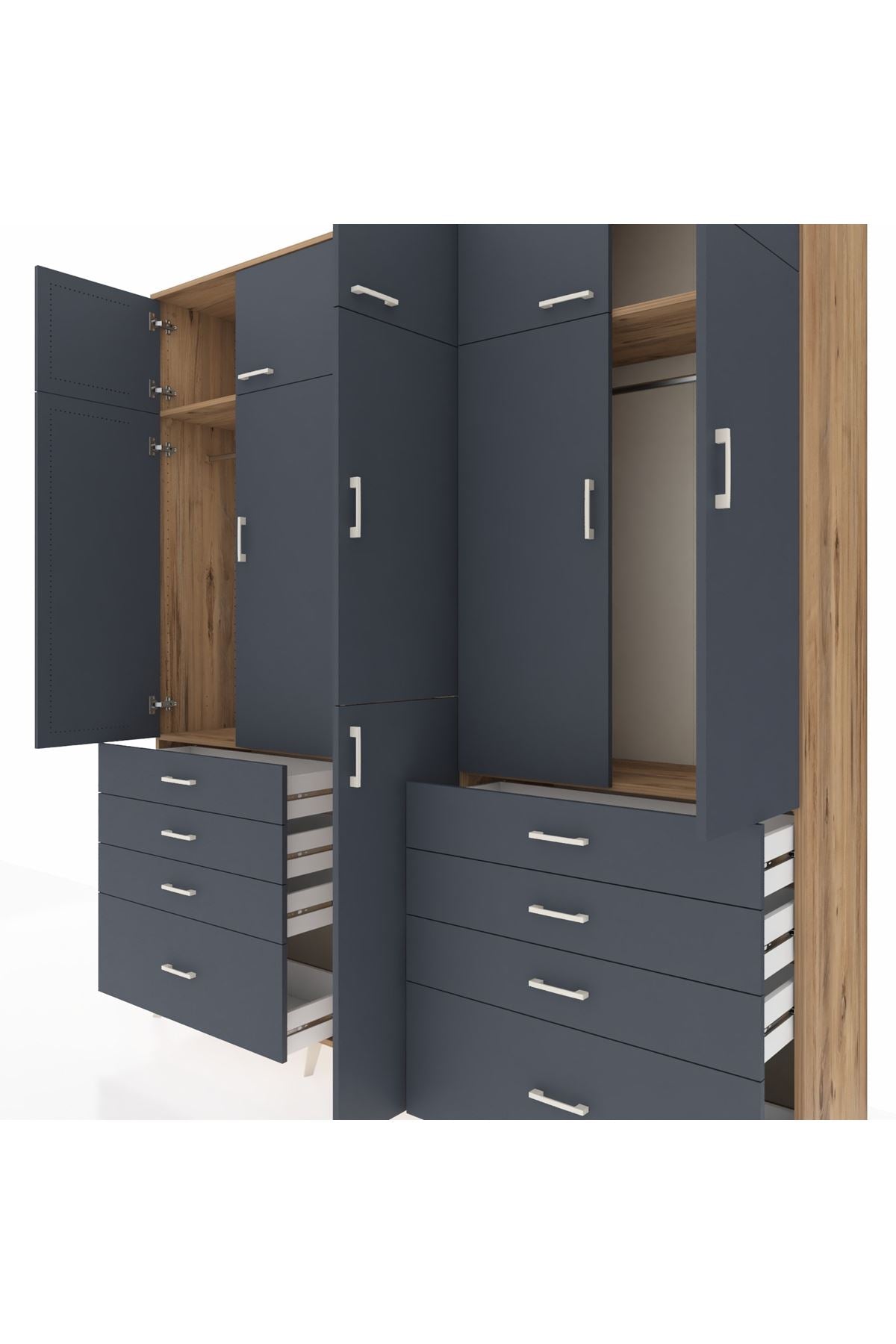 Hyperion Dolap 8 Raflı 8 Çekmeceli 3 Askılı 220x44x243 Çam-Antrasit/Antrasit