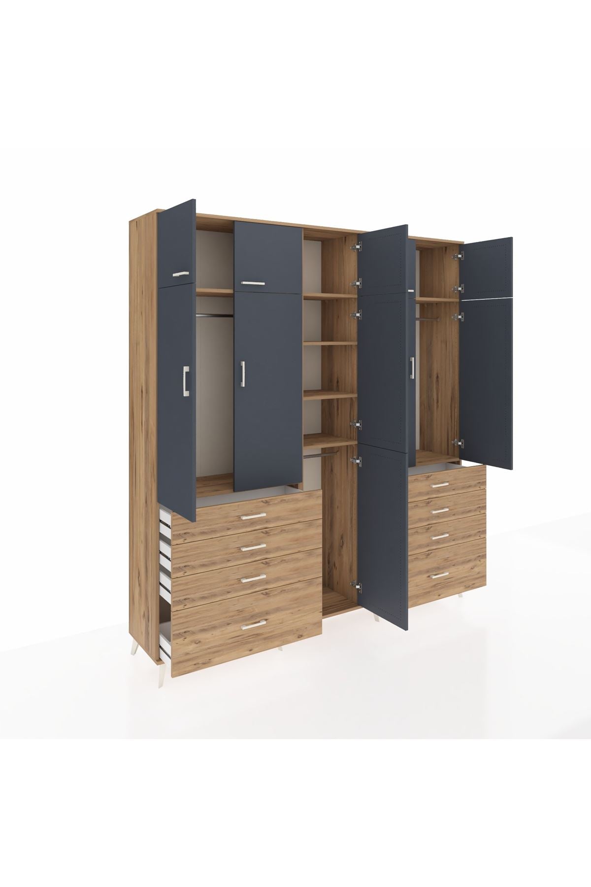 Hyperion Dolap 8 Raflı 8 Çekmeceli 3 Askılı 220x44x243 Çam-Antrasit/Çam