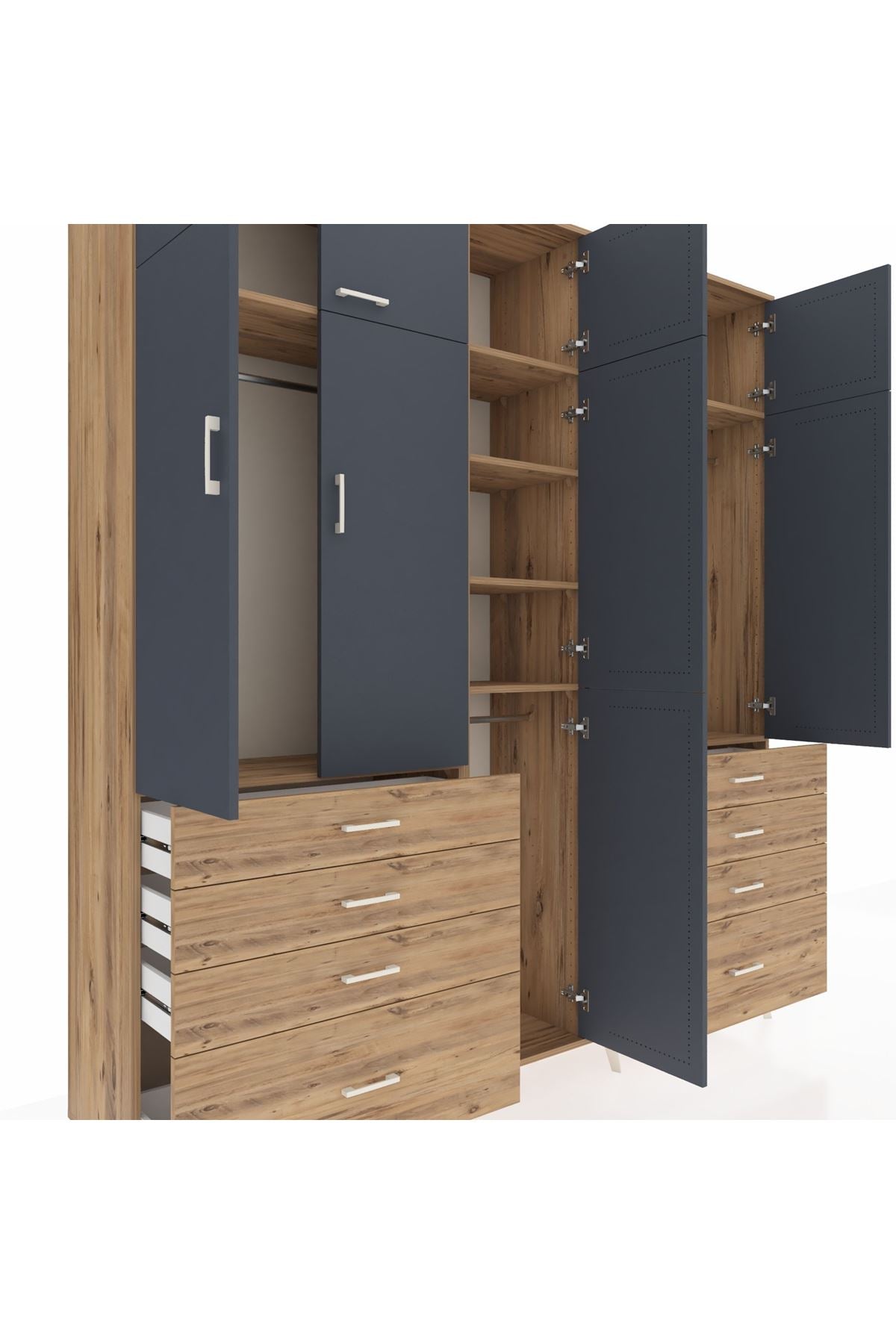 Hyperion Dolap 8 Raflı 8 Çekmeceli 3 Askılı 220x44x243 Çam-Antrasit/Çam