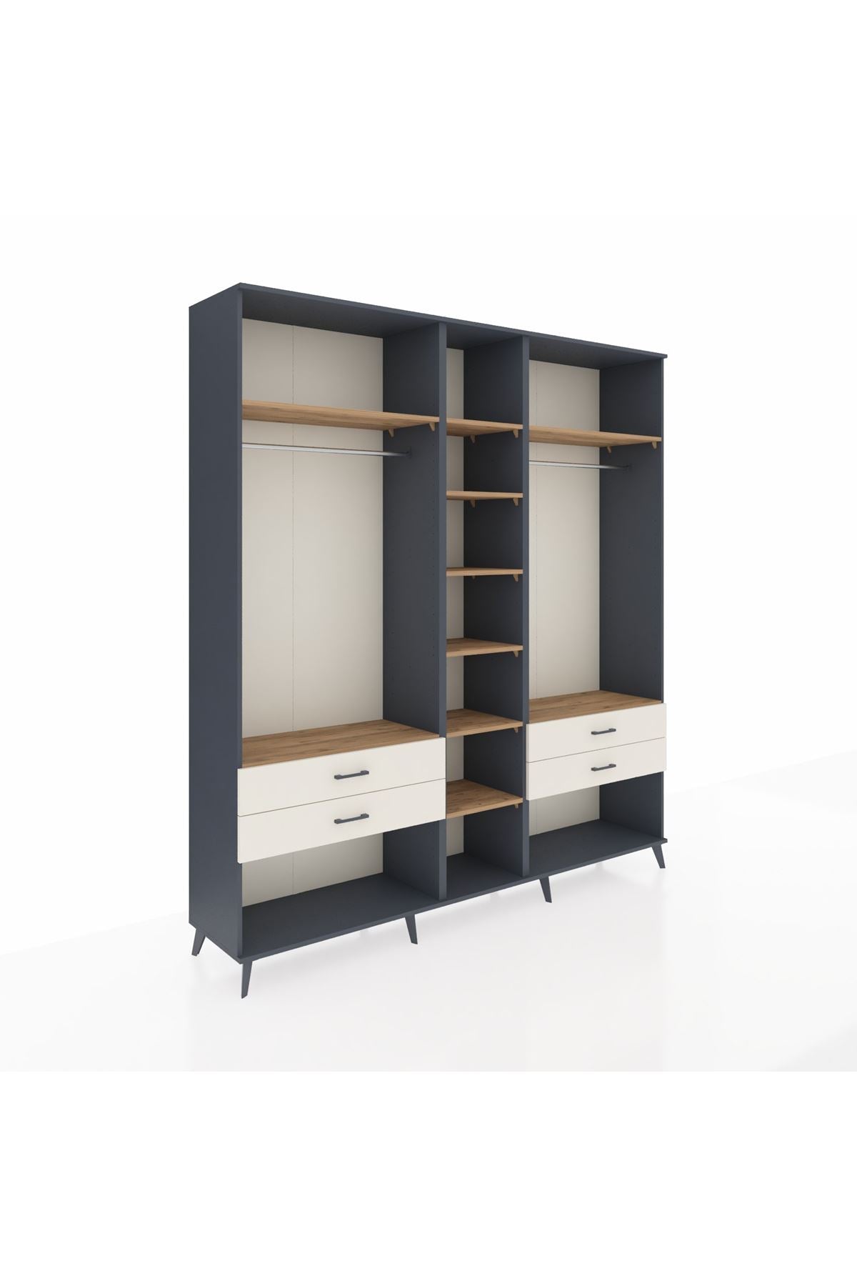 Hyperion Dolap 10 Raflı 4 Çekmeceli 2 Askılı 220x44x243 Antrasit-Çam/Aytaşı