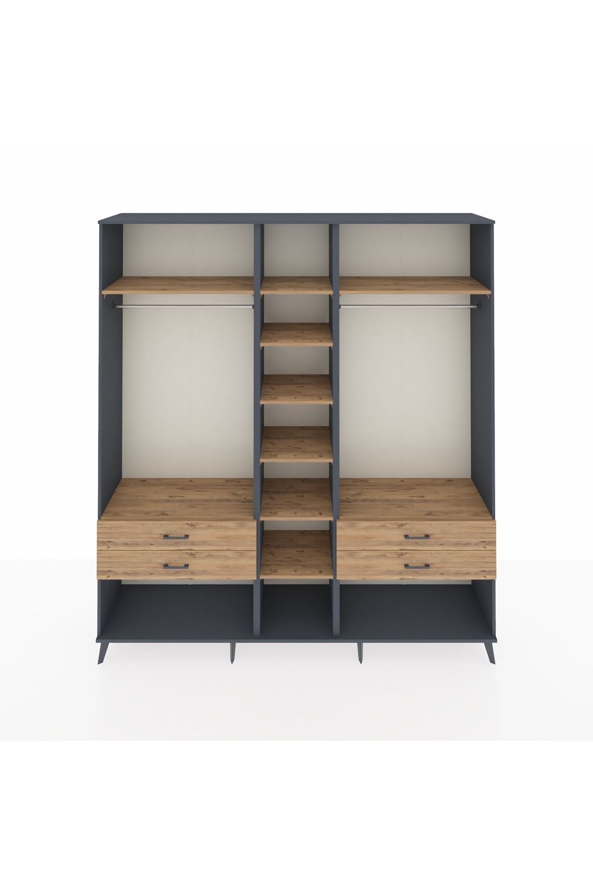 Hyperion Dolap 10 Raflı 4 Çekmeceli 2 Askılı 220x44x243 Antrasit-Çam/Çam