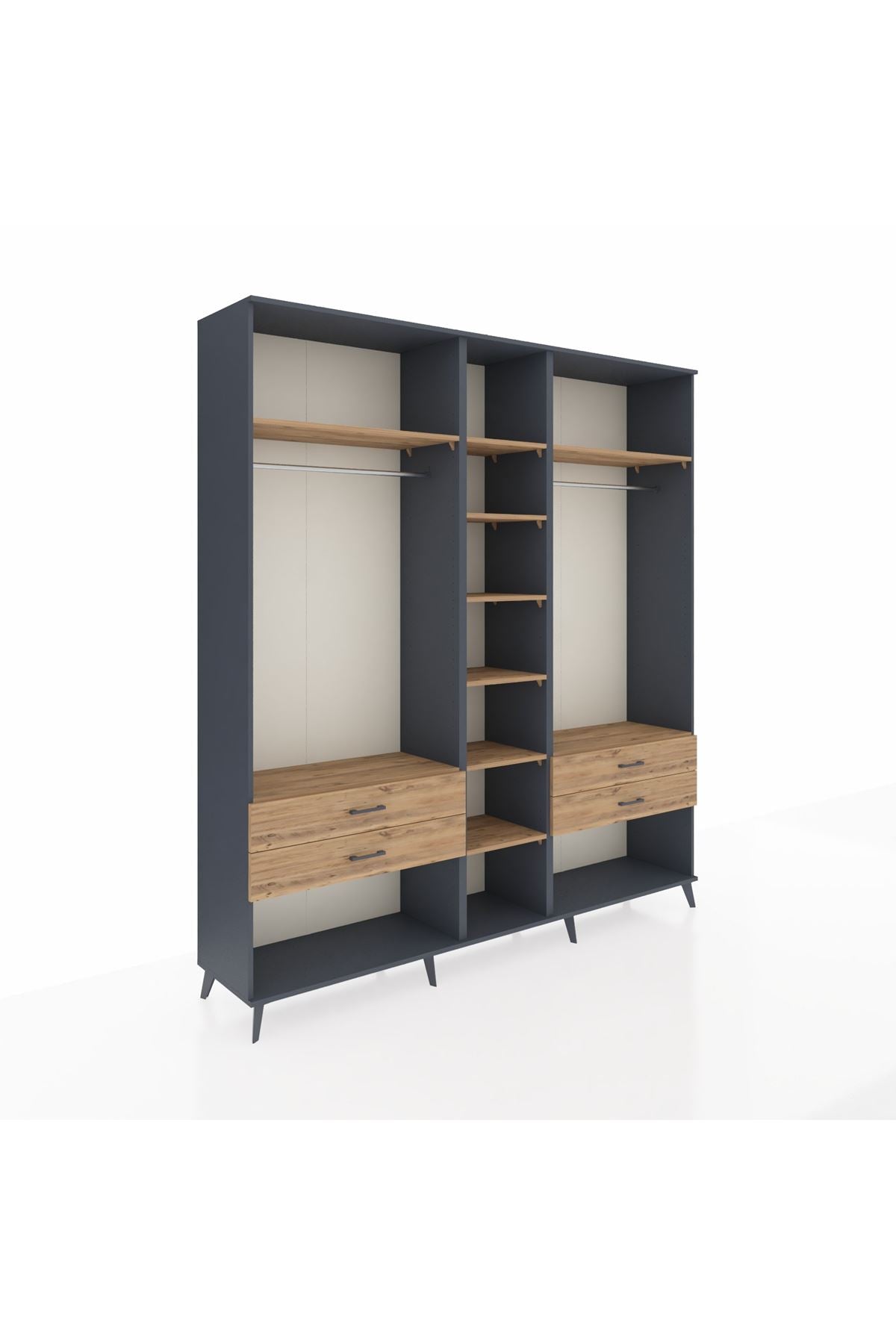 Hyperion Dolap 10 Raflı 4 Çekmeceli 2 Askılı 220x44x243 Antrasit-Çam/Çam