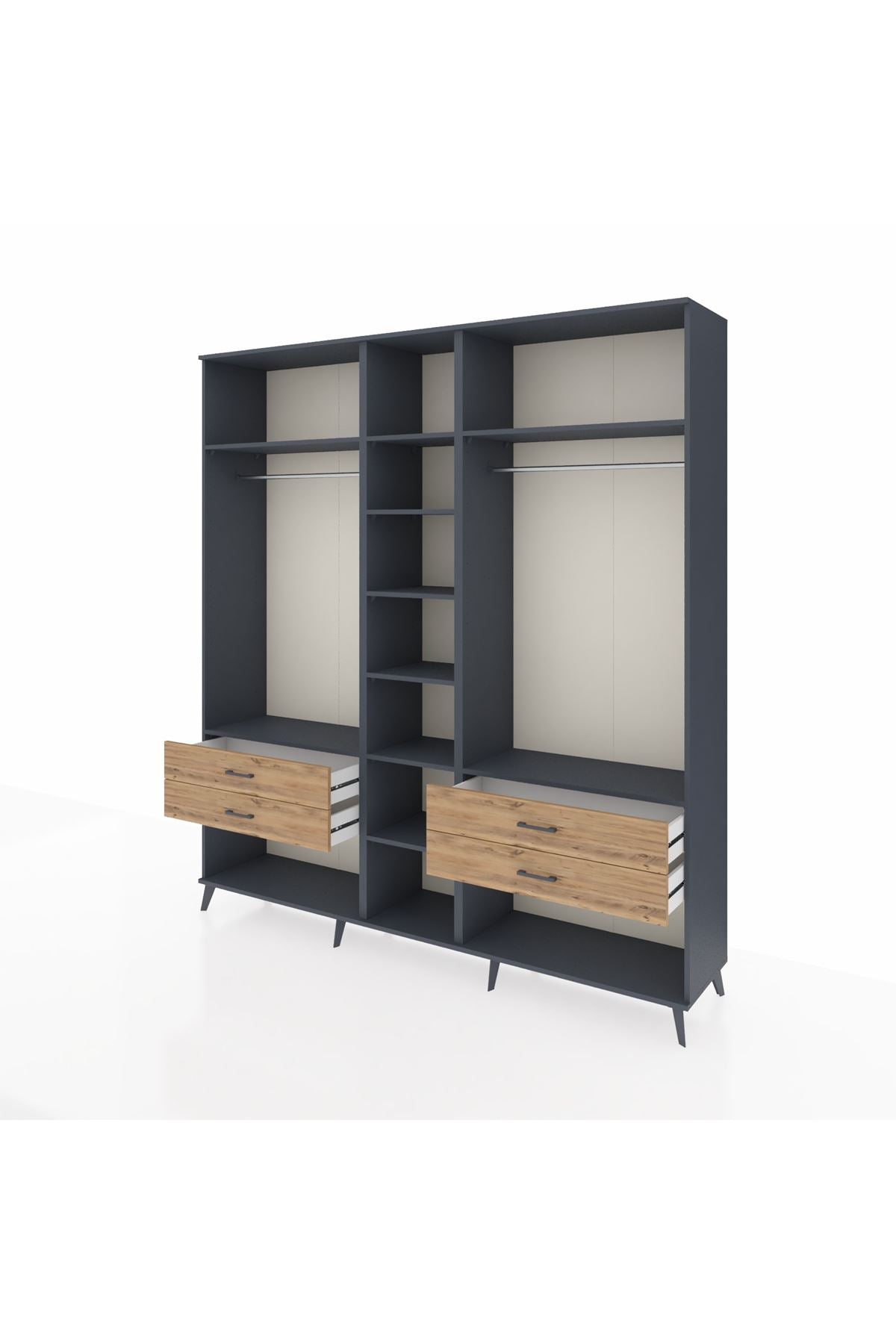 Hyperion Dolap 10 Raflı 4 Çekmeceli 2 Askılı 220x44x243 Antrasit-Antrasit/Çam