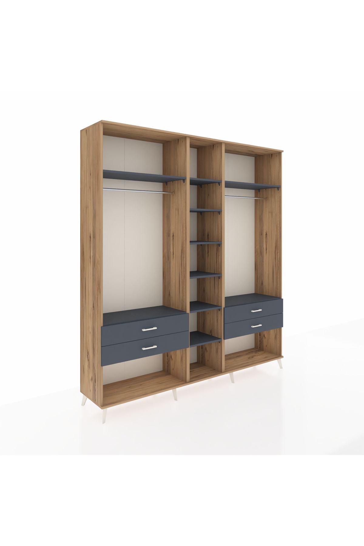 Hyperion Dolap 10 Raflı 4 Çekmeceli 2 Askılı 220x44x243 Çam-Antrasit/Antrasit