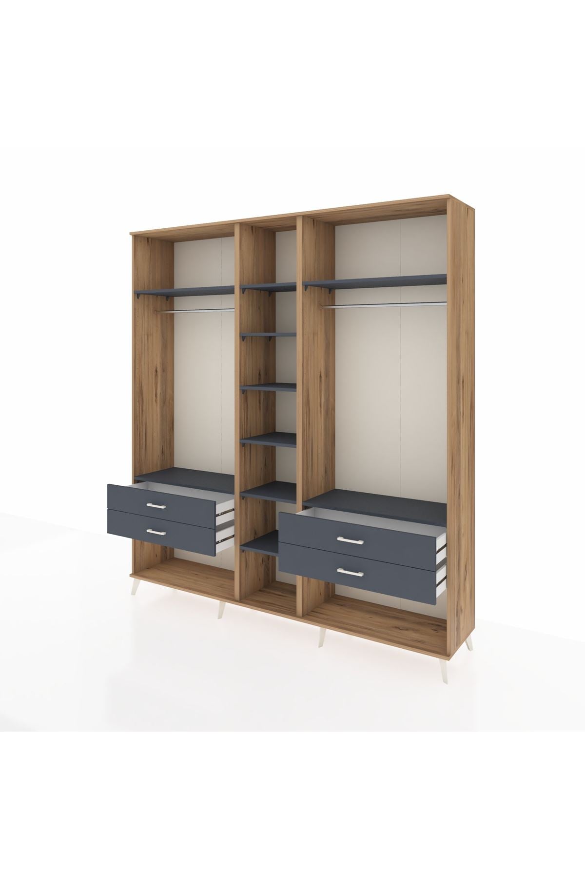 Hyperion Dolap 10 Raflı 4 Çekmeceli 2 Askılı 220x44x243 Çam-Antrasit/Antrasit