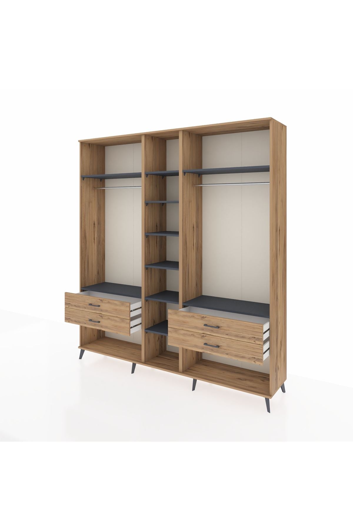 Hyperion Dolap 10 Raflı 4 Çekmeceli 2 Askılı 220x44x243 Çam-Antrasit/Çam