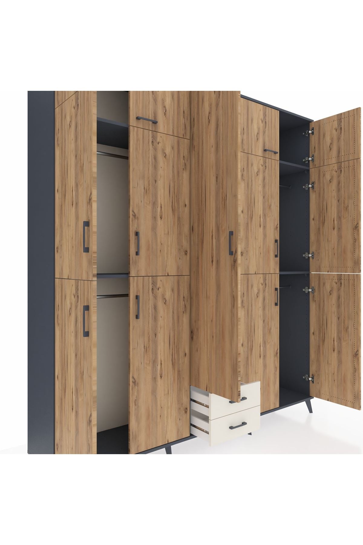 Hyperion Dolap 10 Raflı 2 Çekmeceli 4 Askılı 220x44x243 Antrasit-Çam/Aytaşı