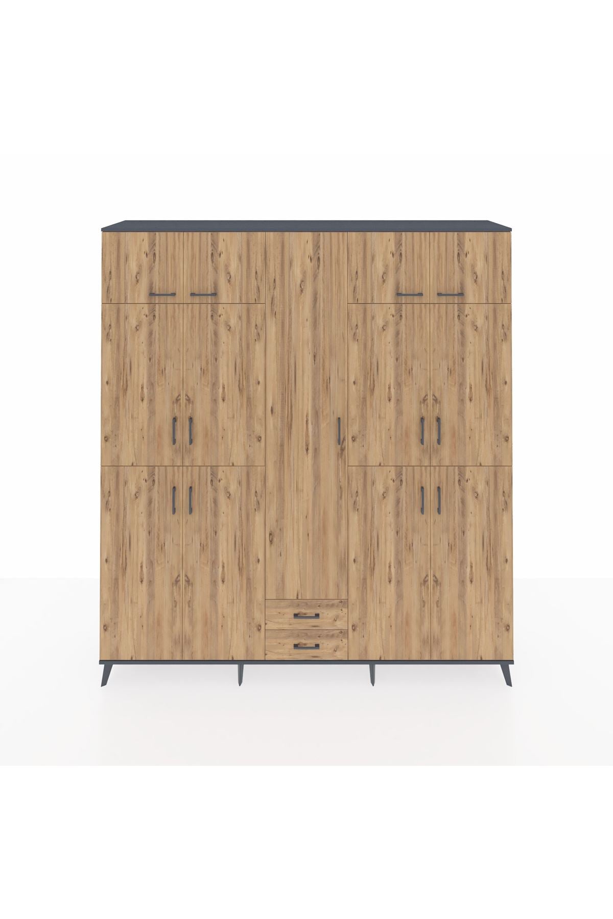 Hyperion Dolap 10 Raflı 2 Çekmeceli 4 Askılı 220x44x243 Antrasit-Çam/Çam