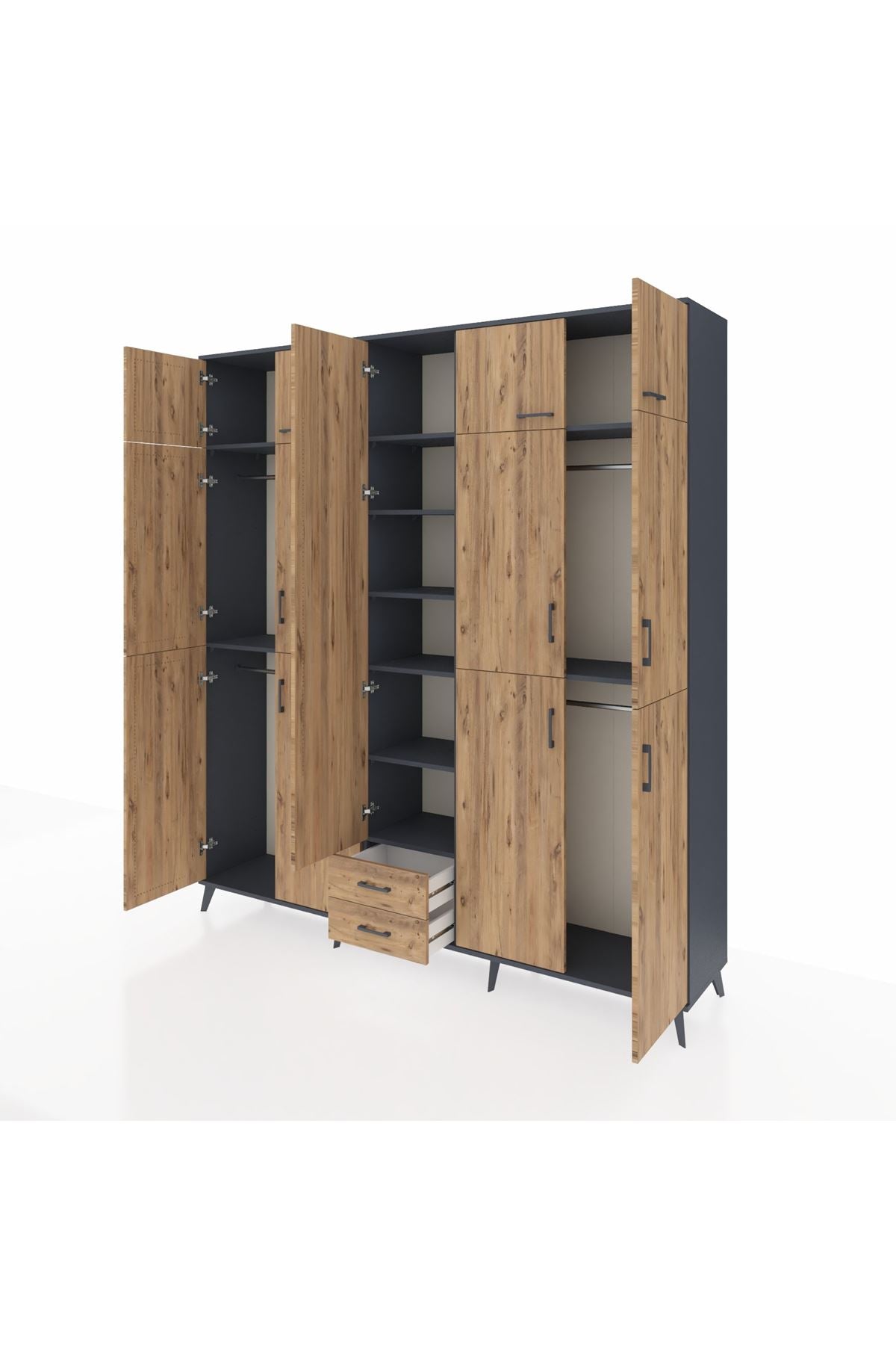 Hyperion Dolap 10 Raflı 2 Çekmeceli 4 Askılı 220x44x243 Antrasit-Çam/Çam