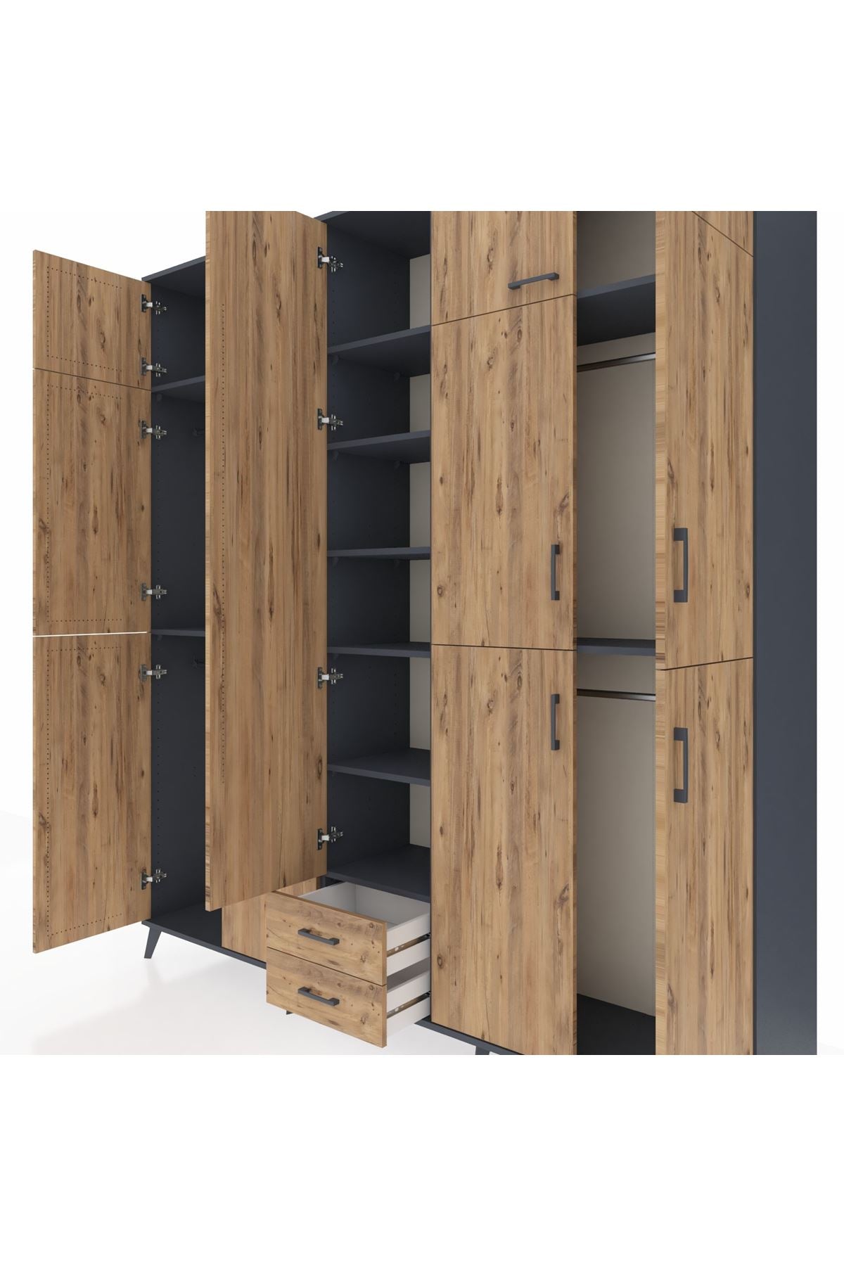 Hyperion Dolap 10 Raflı 2 Çekmeceli 4 Askılı 220x44x243 Antrasit-Çam/Çam