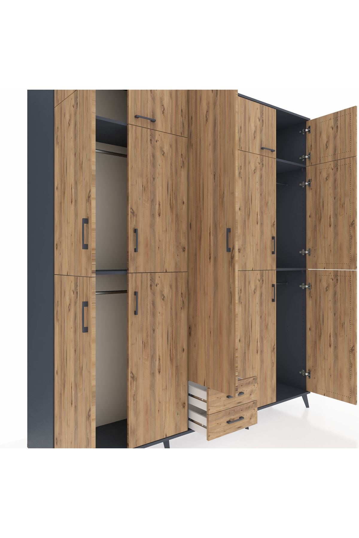 Hyperion Dolap 10 Raflı 2 Çekmeceli 4 Askılı 220x44x243 Antrasit-Çam/Çam