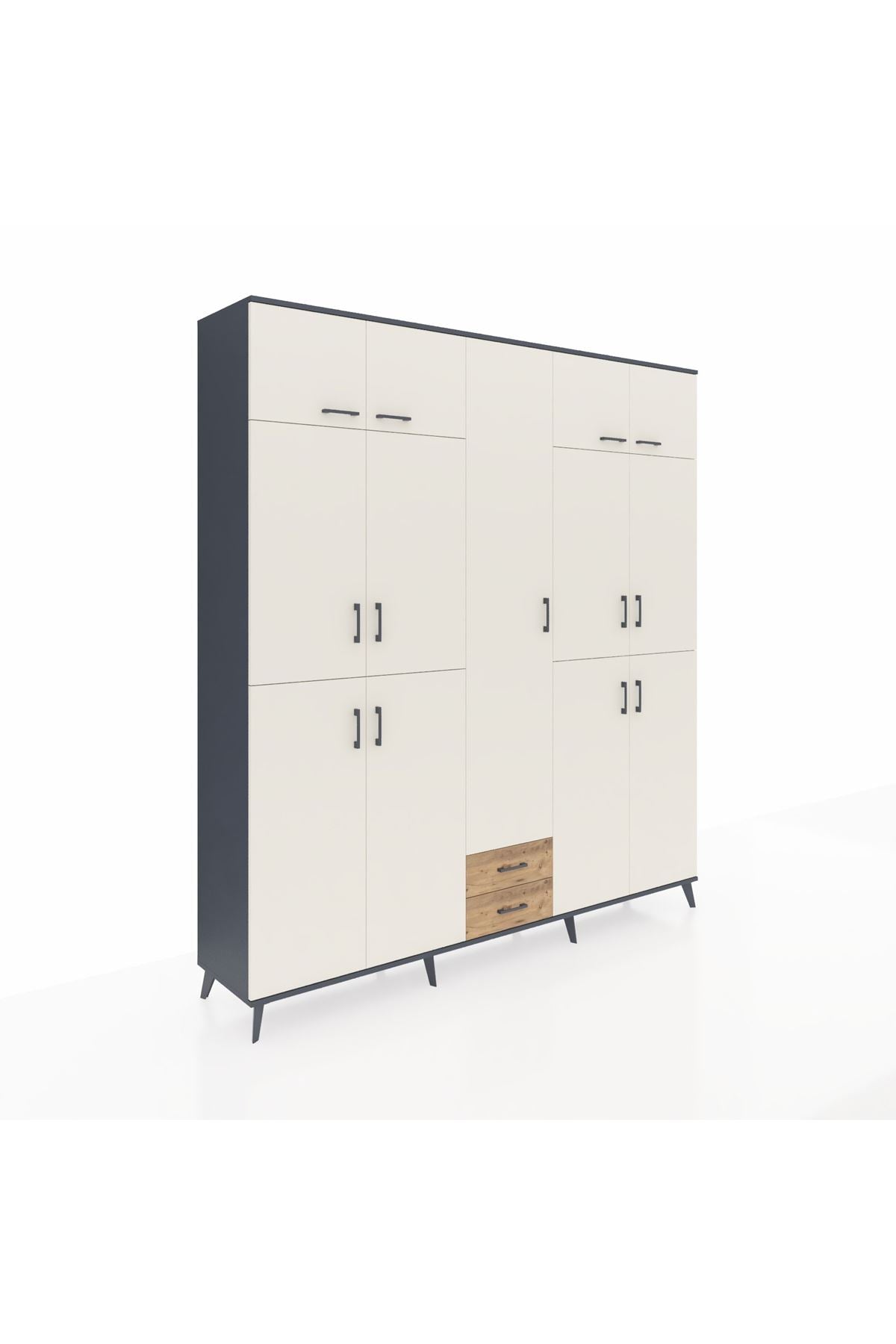 Hyperion Dolap 10 Raflı 2 Çekmeceli 4 Askılı 220x44x243 Antrasit-Aytaşı/Çam