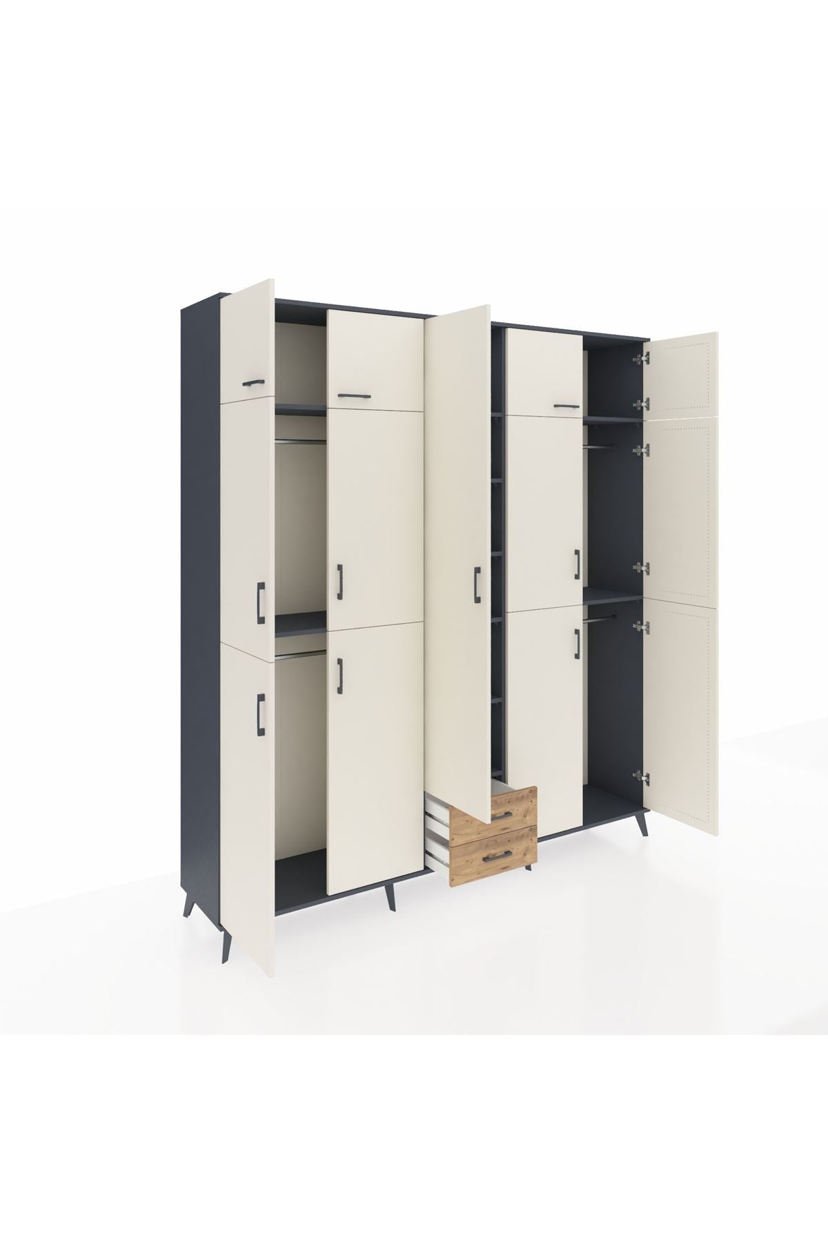 Hyperion Dolap 10 Raflı 2 Çekmeceli 4 Askılı 220x44x243 Antrasit-Aytaşı/Çam