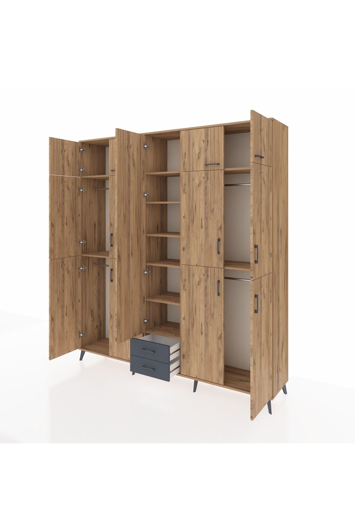 Hyperion Dolap 10 Raflı 2 Çekmeceli 4 Askılı 220x44x243 Çam-Çam/Antrasit