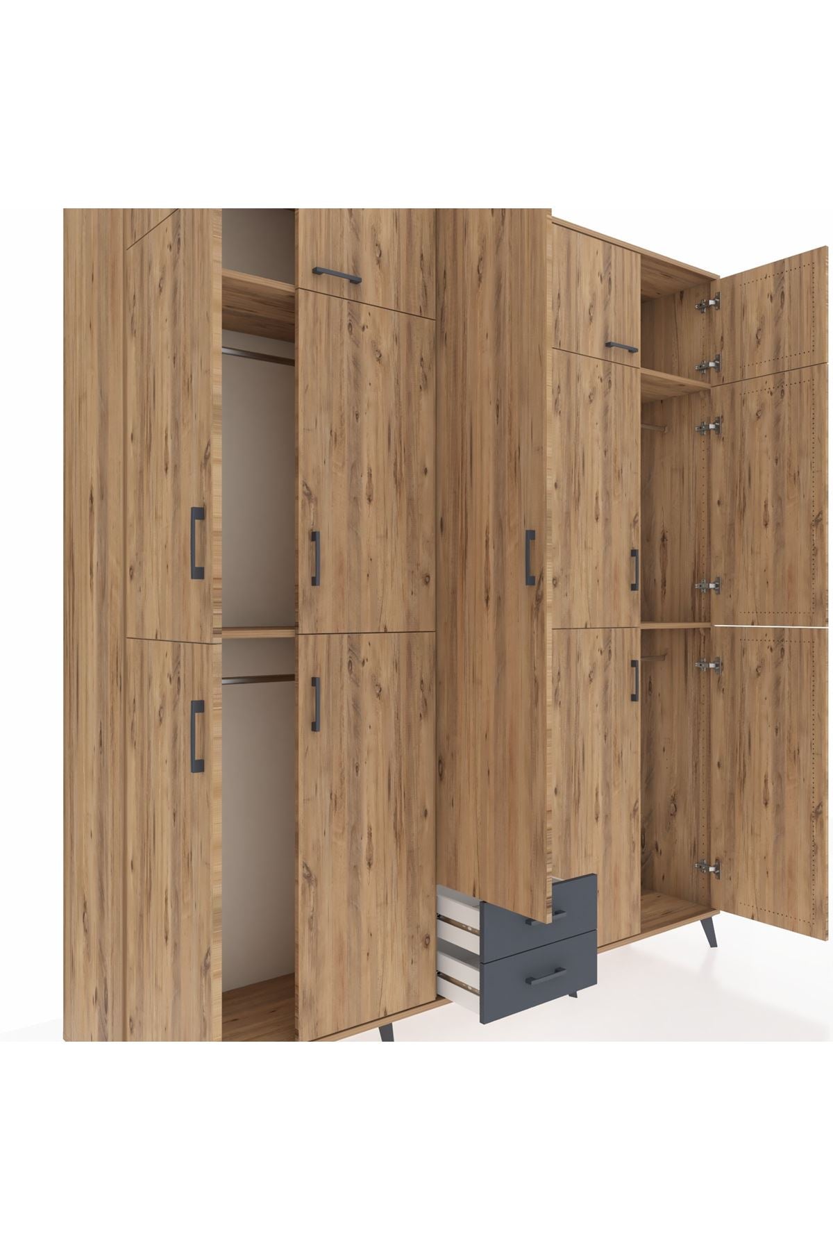 Hyperion Dolap 10 Raflı 2 Çekmeceli 4 Askılı 220x44x243 Çam-Çam/Antrasit