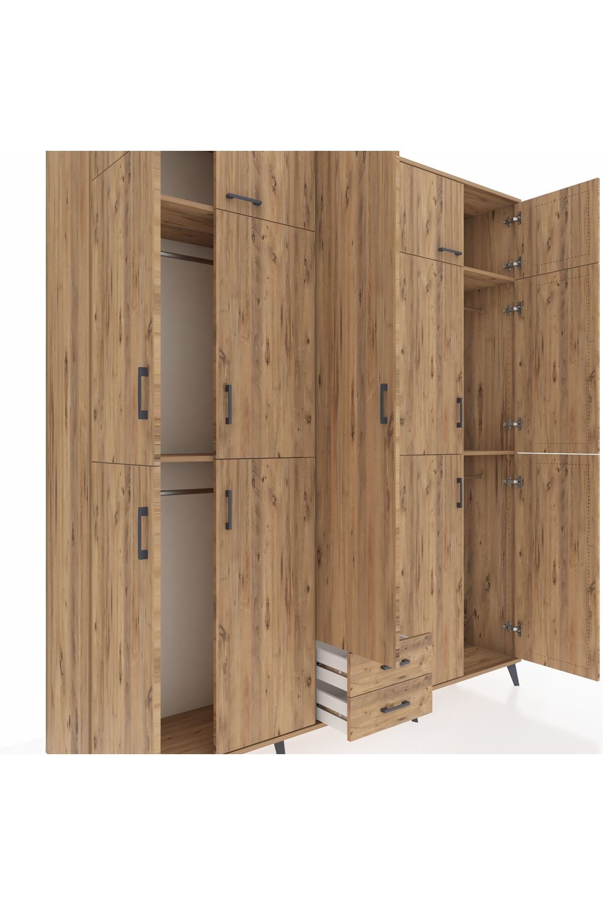 Hyperion Dolap 10 Raflı 2 Çekmeceli 4 Askılı 220x44x243 Çam-Çam/Çam