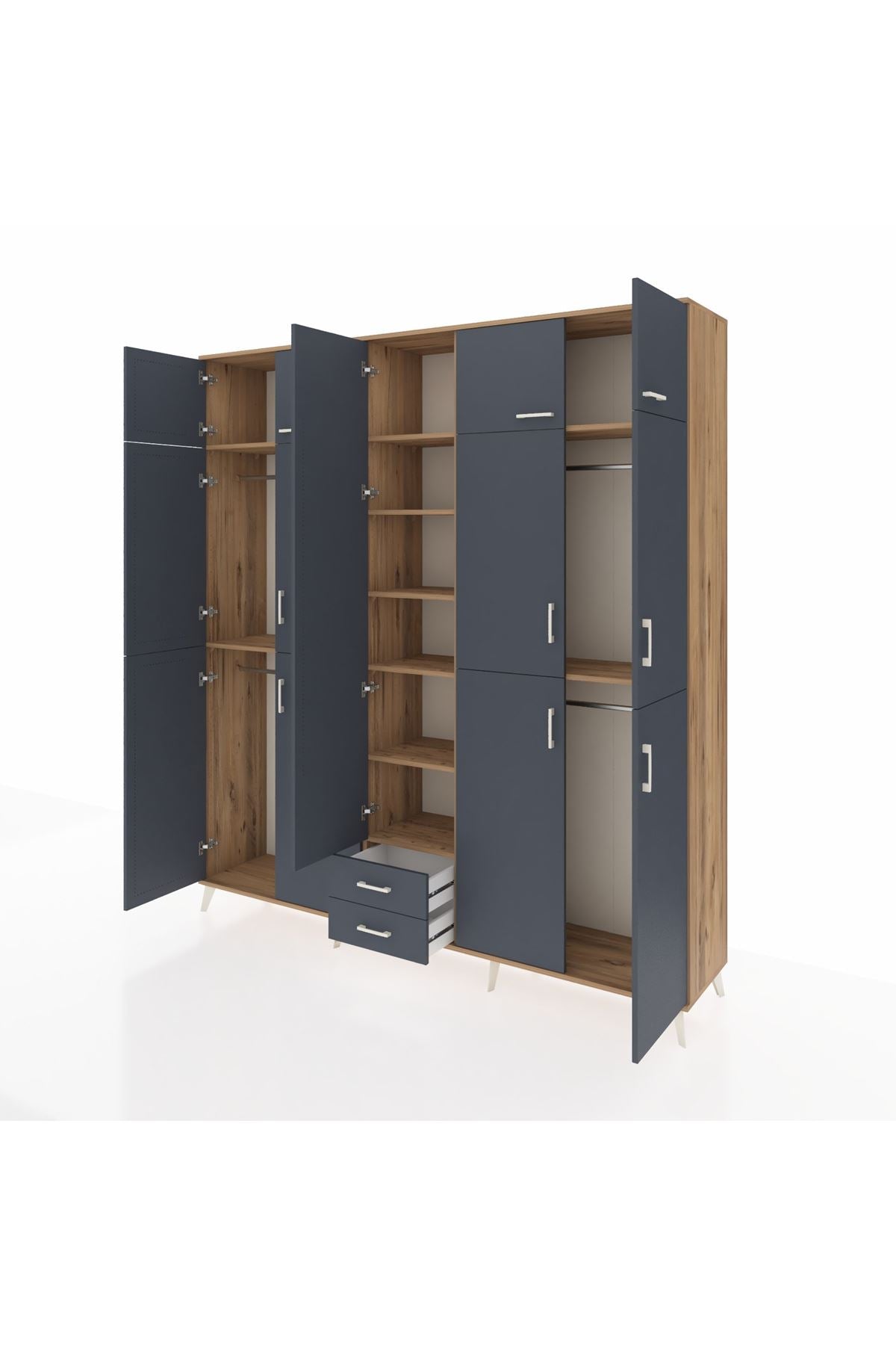 Hyperion Dolap 10 Raflı 2 Çekmeceli 4 Askılı 220x44x243 Çam-Antrasit/Antrasit