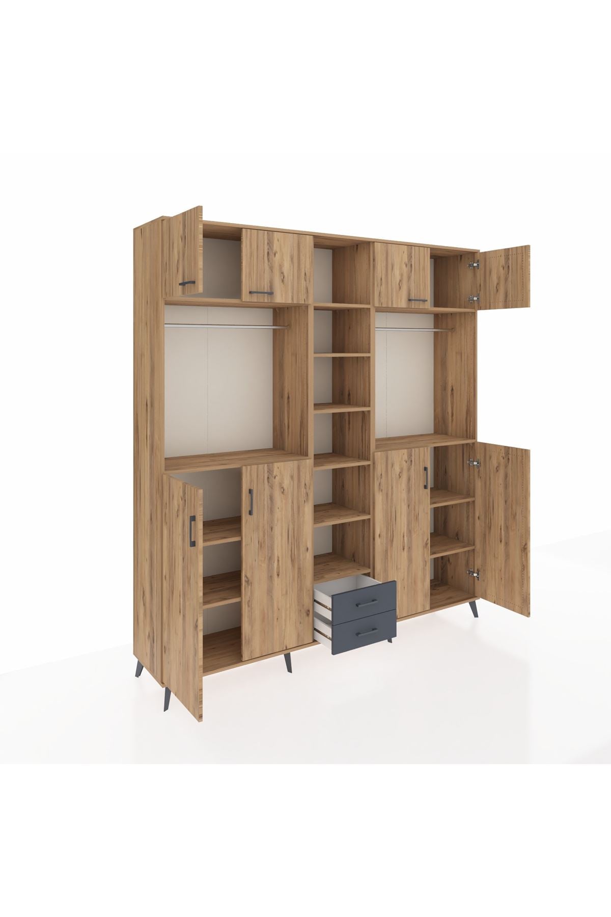 Hyperion Dolap 14 Raflı 2 Çekmeceli 2 Askılı 220x44x243 Çam-Çam/Antrasit