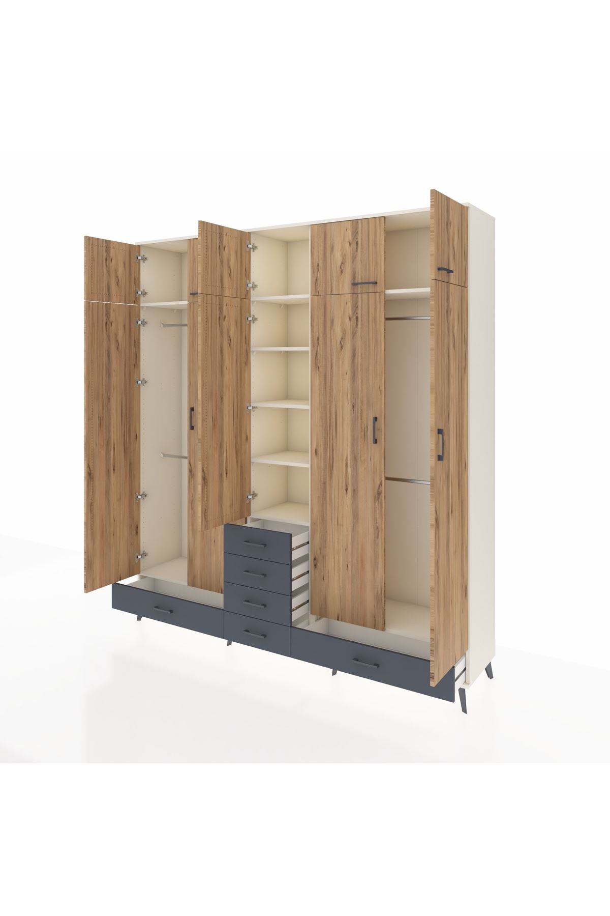 Hyperion Dolap 6 Raflı 6 Çekmeceli 4 Askılı 220x44x243 Aytaşı-Çam/Antrasit