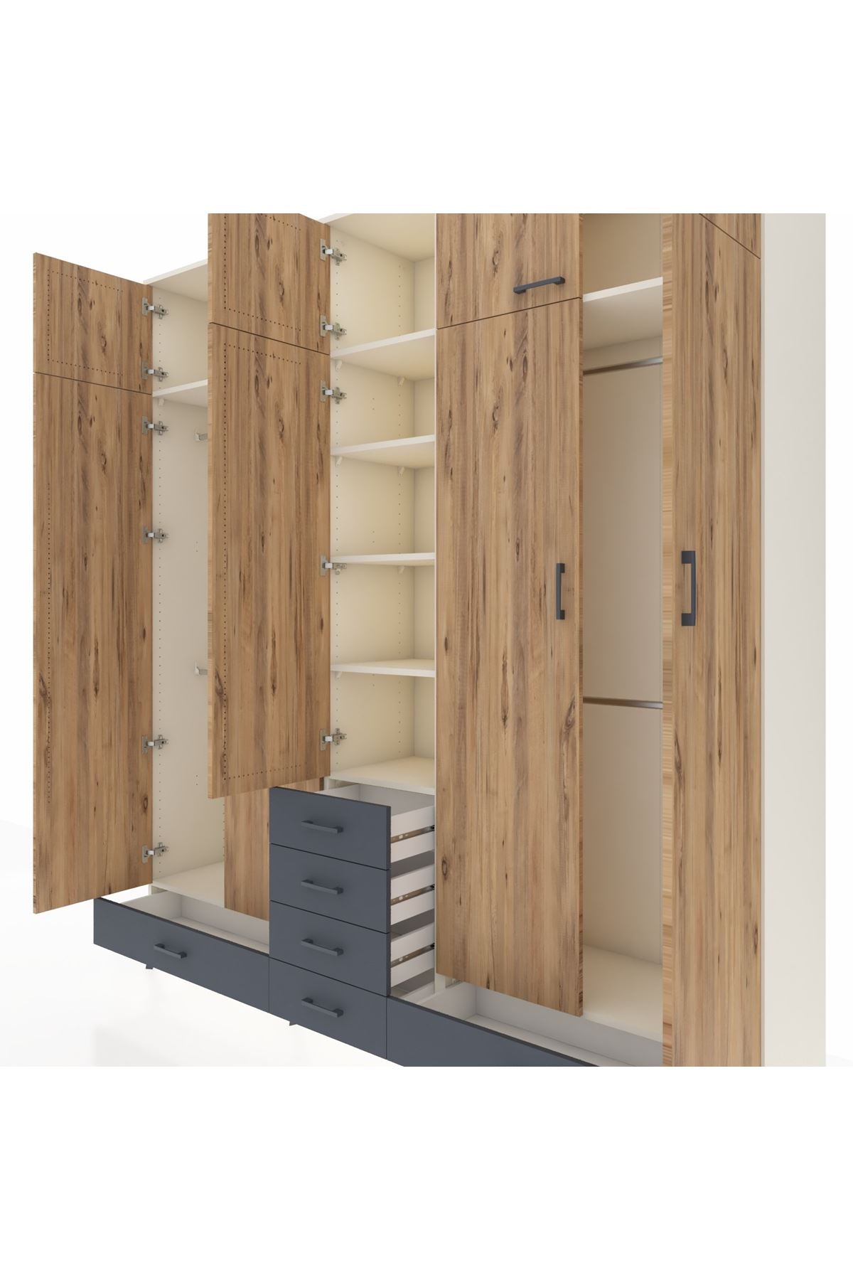 Hyperion Dolap 6 Raflı 6 Çekmeceli 4 Askılı 220x44x243 Aytaşı-Çam/Antrasit