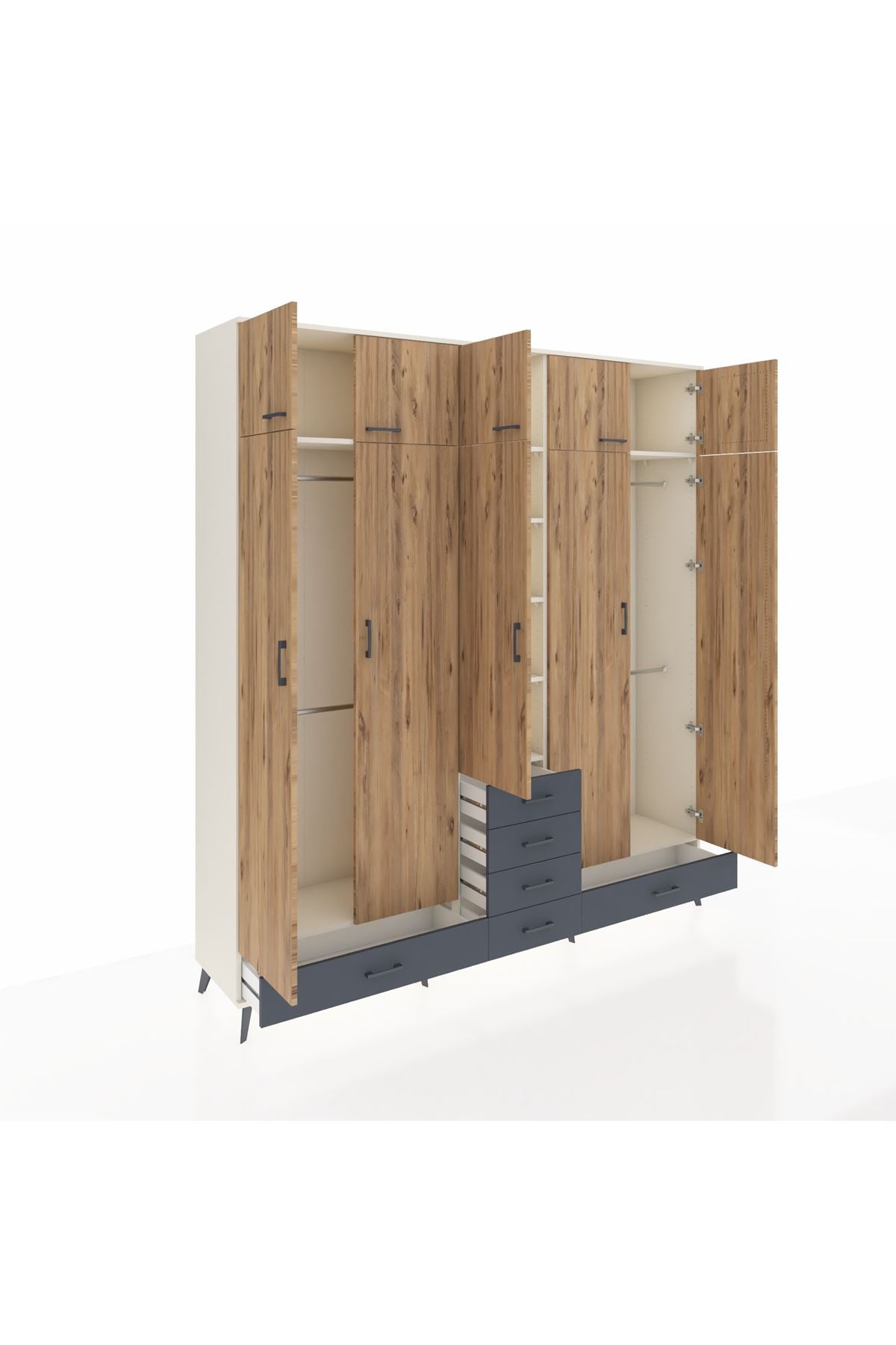 Hyperion Dolap 6 Raflı 6 Çekmeceli 4 Askılı 220x44x243 Aytaşı-Çam/Antrasit