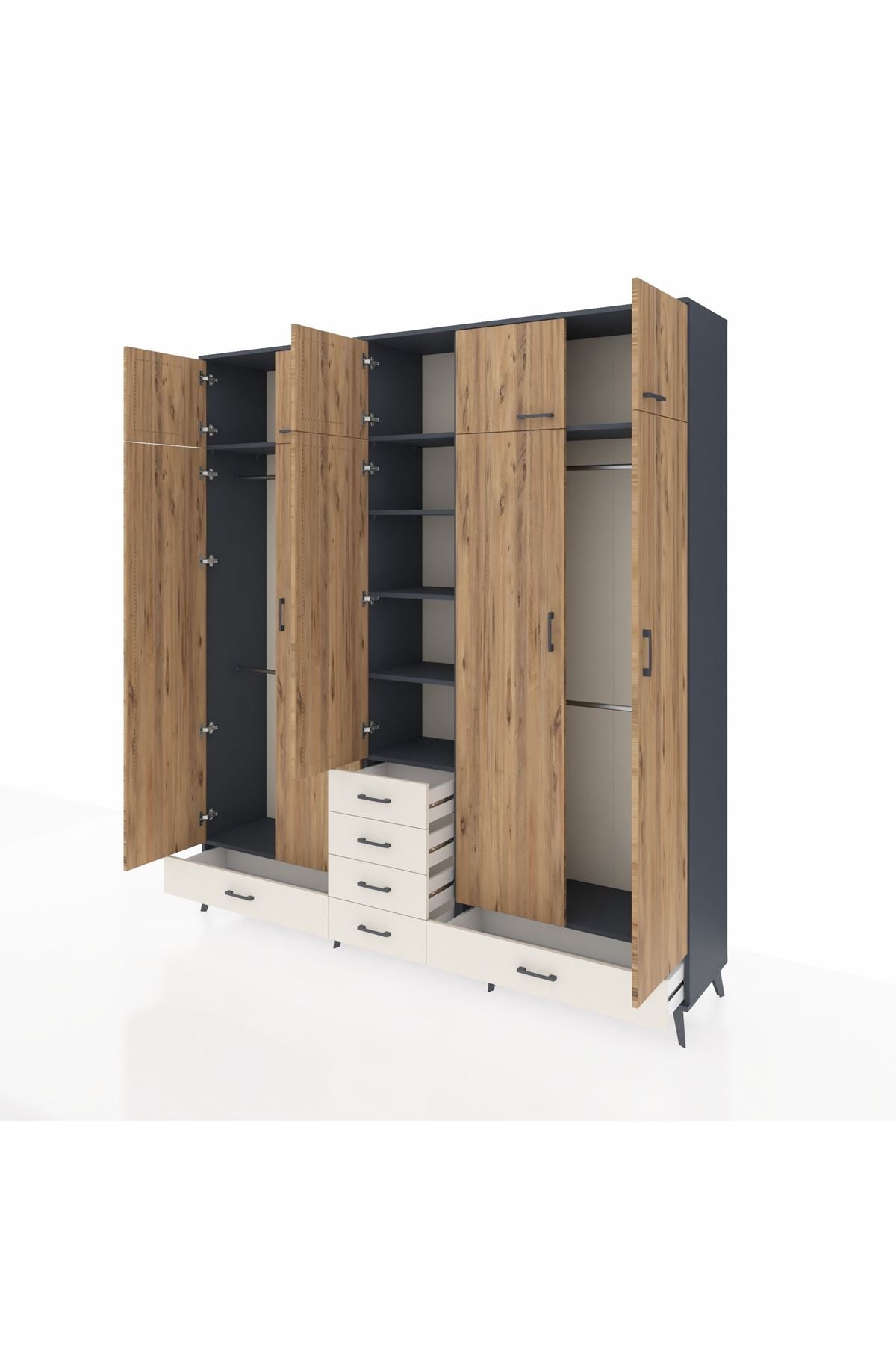 Hyperion Dolap 6 Raflı 6 Çekmeceli 4 Askılı 220x44x243 Antrasit-Çam/Aytaşı