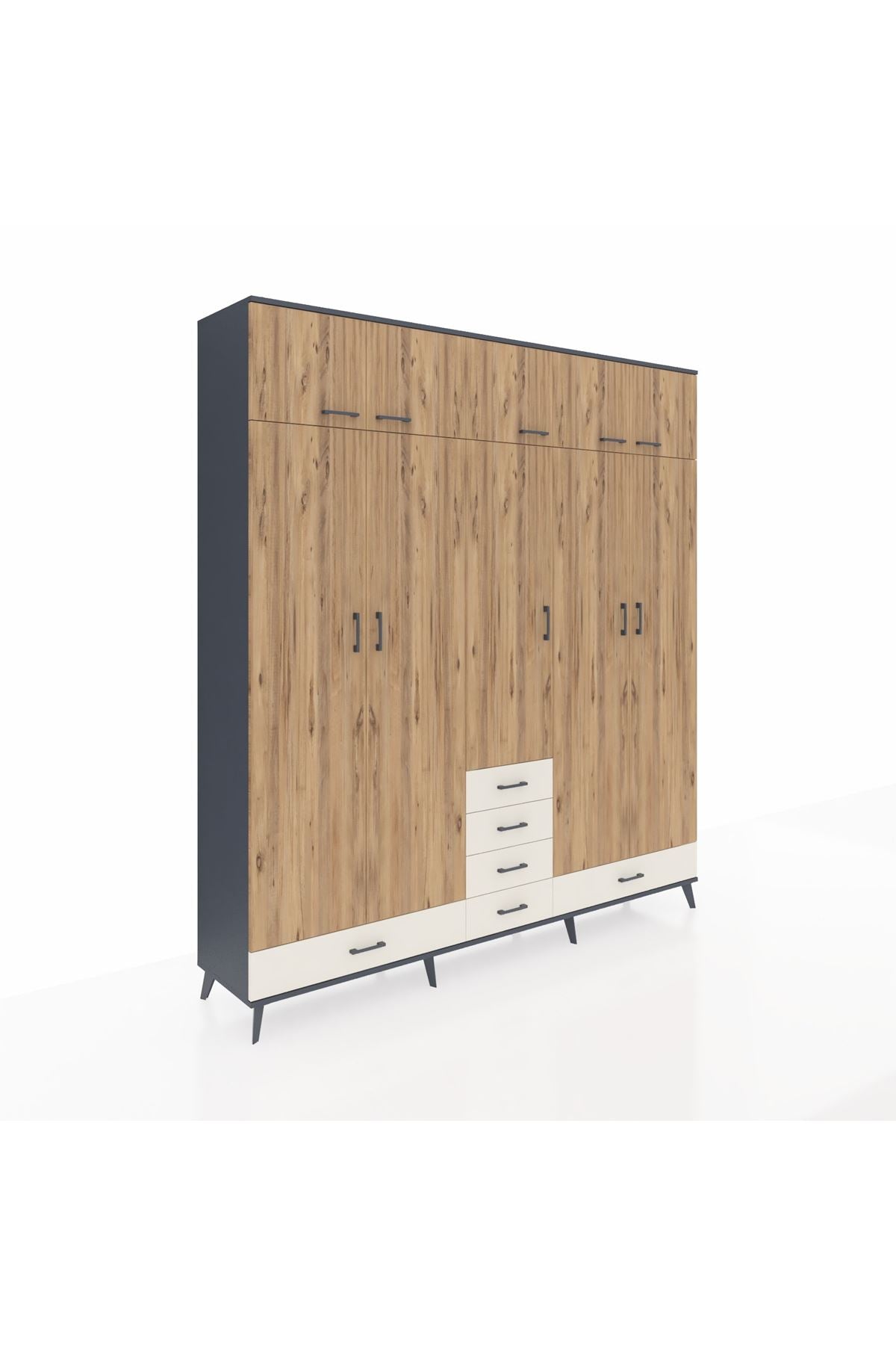 Hyperion Dolap 6 Raflı 6 Çekmeceli 4 Askılı 220x44x243 Antrasit-Çam/Aytaşı