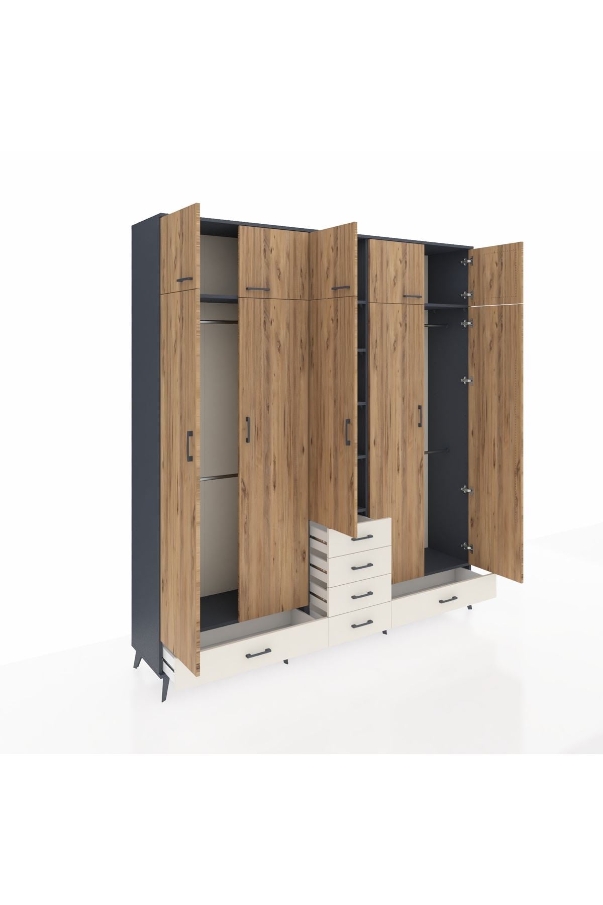 Hyperion Dolap 6 Raflı 6 Çekmeceli 4 Askılı 220x44x243 Antrasit-Çam/Aytaşı