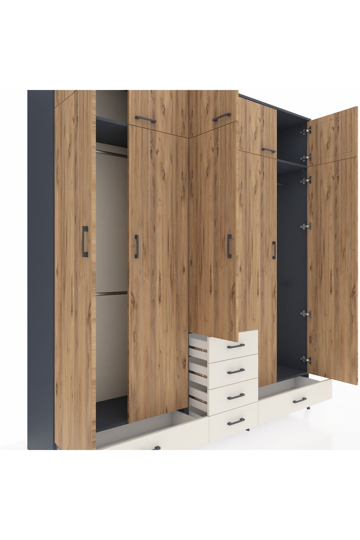 Hyperion Dolap 6 Raflı 6 Çekmeceli 4 Askılı 220x44x243 Antrasit-Çam/Aytaşı