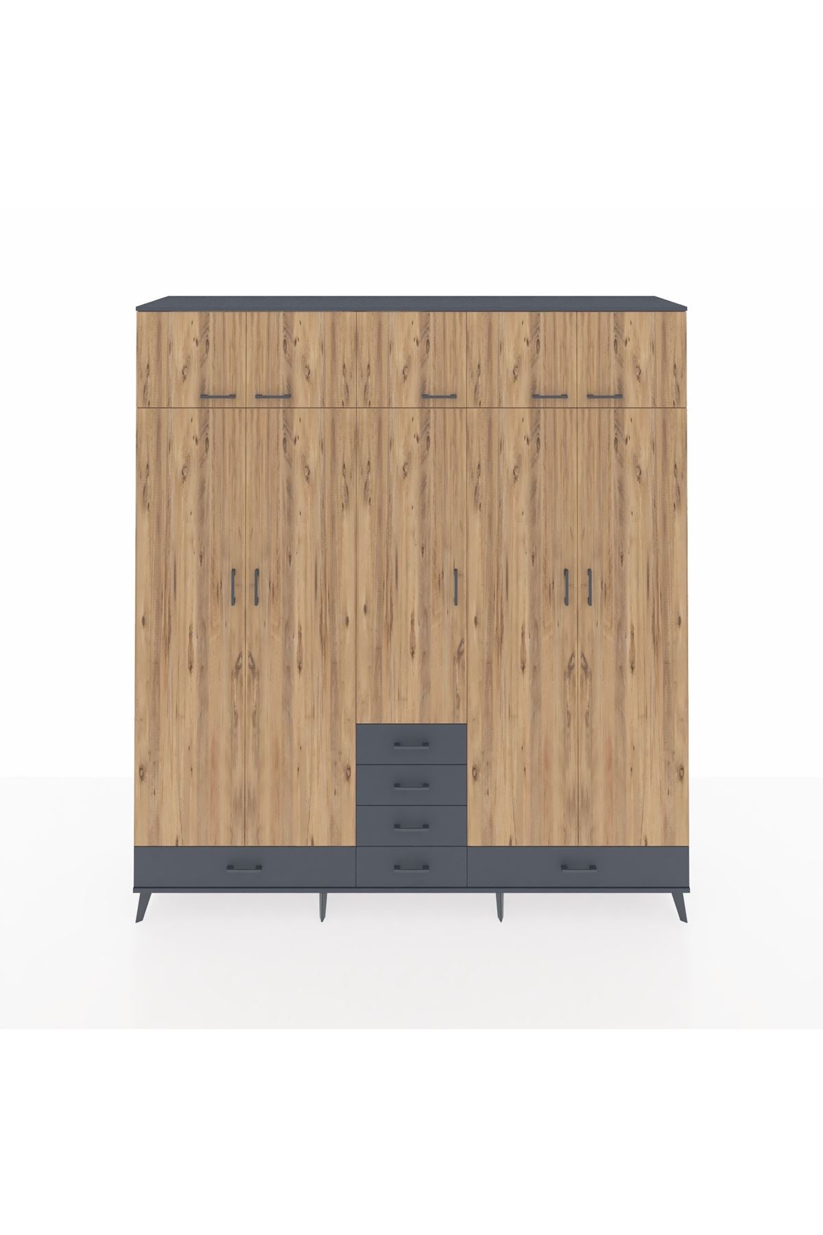 Hyperion Dolap 6 Raflı 6 Çekmeceli 4 Askılı 220x44x243 Antrasit-Çam/Antrasit