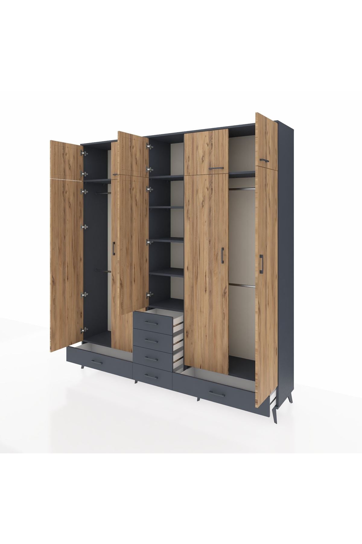 Hyperion Dolap 6 Raflı 6 Çekmeceli 4 Askılı 220x44x243 Antrasit-Çam/Antrasit