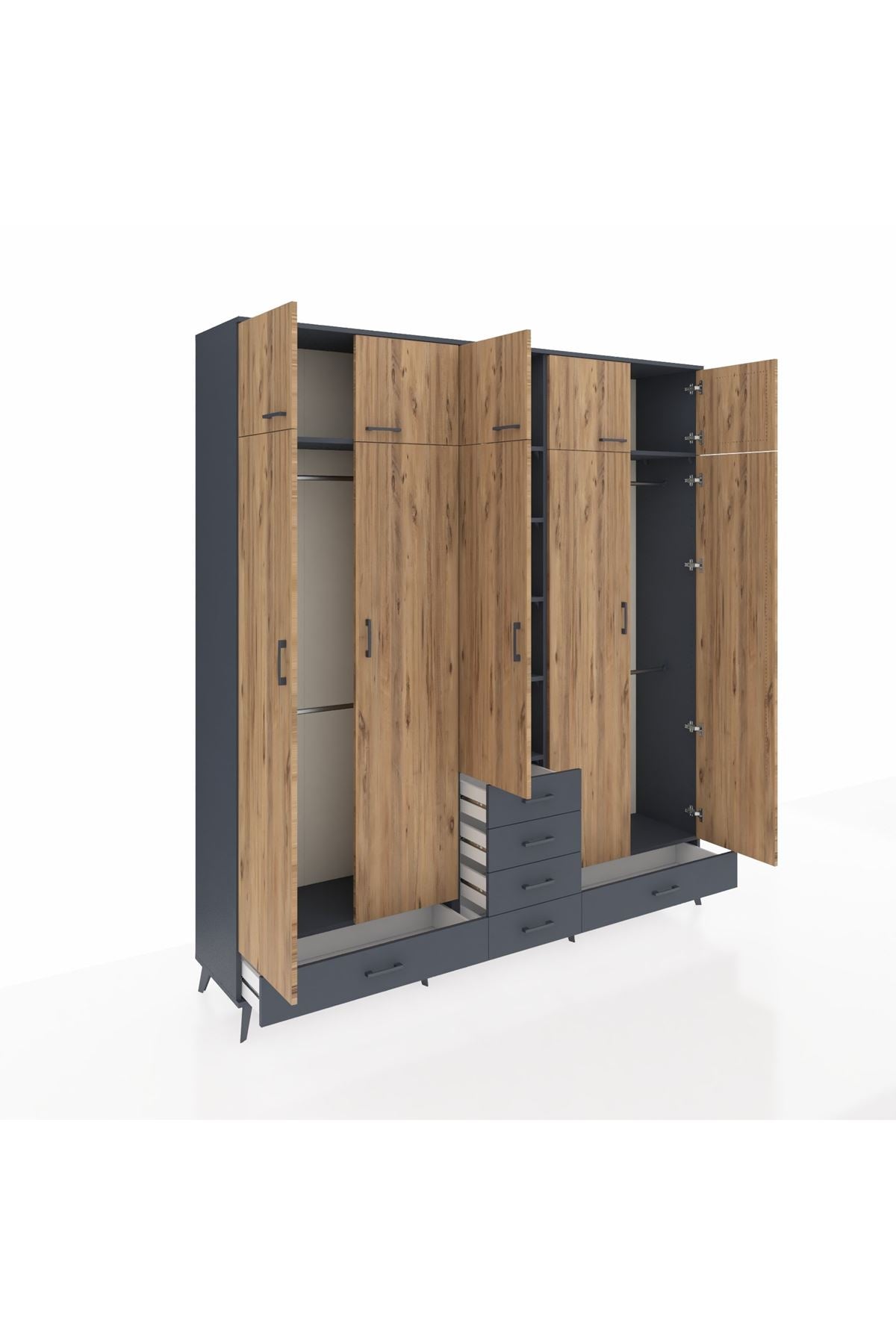 Hyperion Dolap 6 Raflı 6 Çekmeceli 4 Askılı 220x44x243 Antrasit-Çam/Antrasit