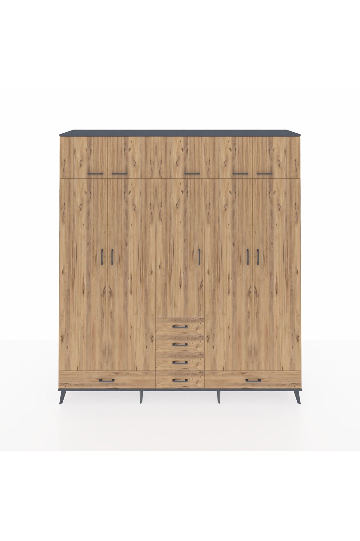 Hyperion Dolap 6 Raflı 6 Çekmeceli 4 Askılı 220x44x243 Antrasit-Çam/Çam