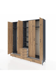 Hyperion Dolap 6 Raflı 6 Çekmeceli 4 Askılı 220x44x243 Antrasit-Çam/Çam