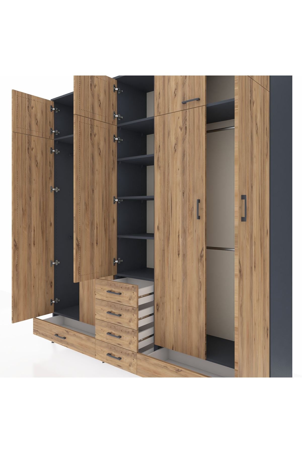 Hyperion Dolap 6 Raflı 6 Çekmeceli 4 Askılı 220x44x243 Antrasit-Çam/Çam