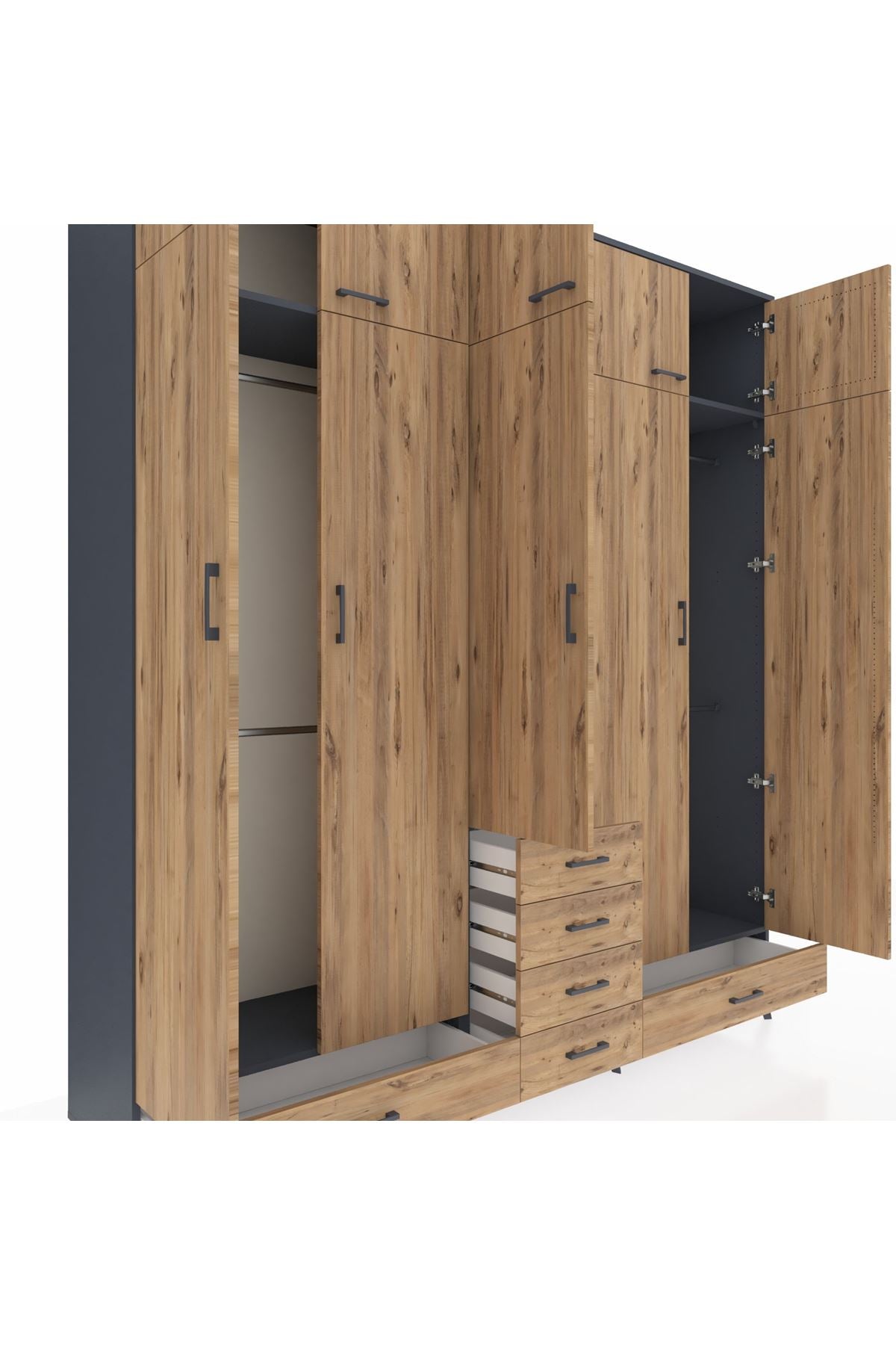 Hyperion Dolap 6 Raflı 6 Çekmeceli 4 Askılı 220x44x243 Antrasit-Çam/Çam