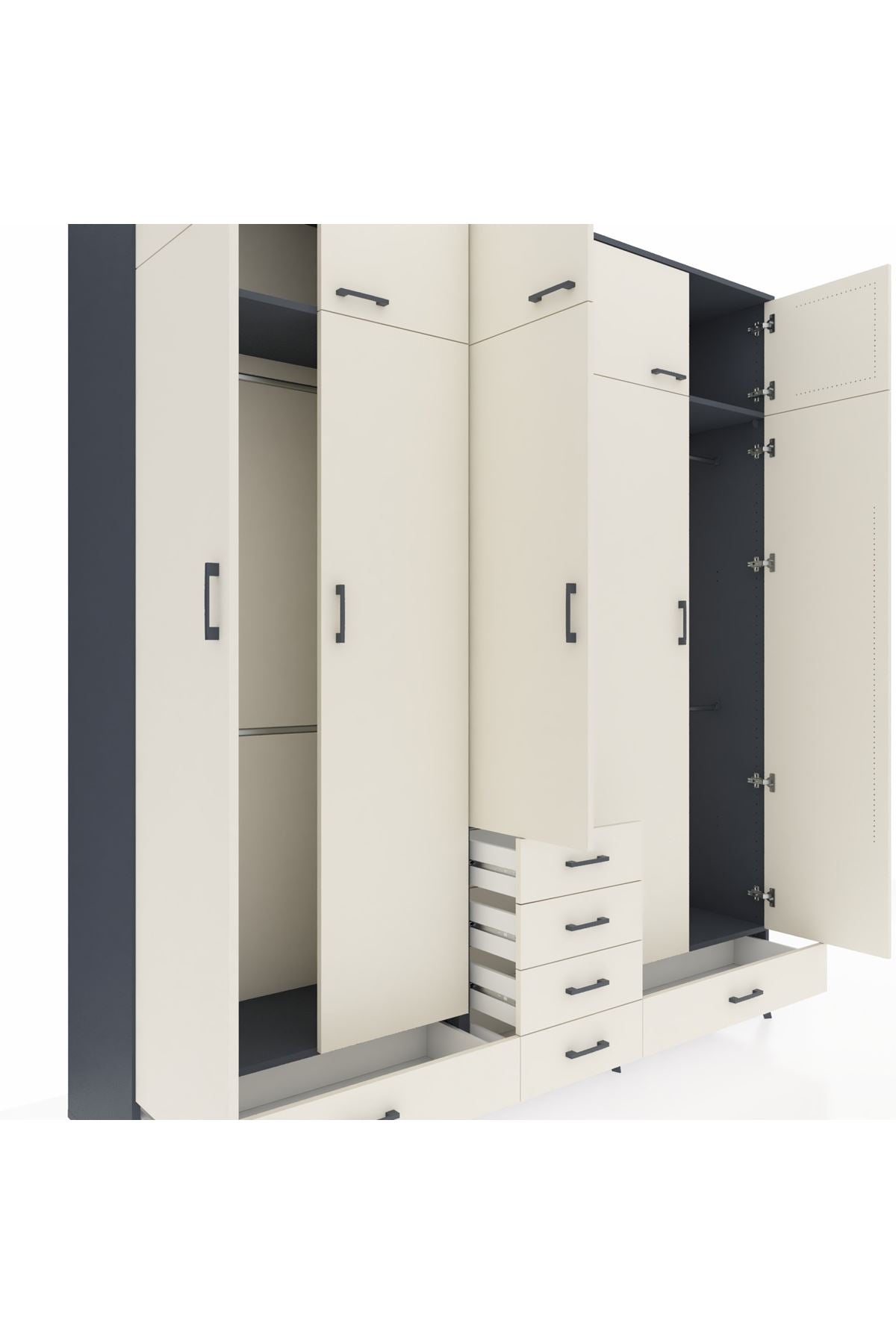 Hyperion Dolap 6 Raflı 6 Çekmeceli 4 Askılı 220x44x243 Antrasit-Aytaşı/Aytaşı