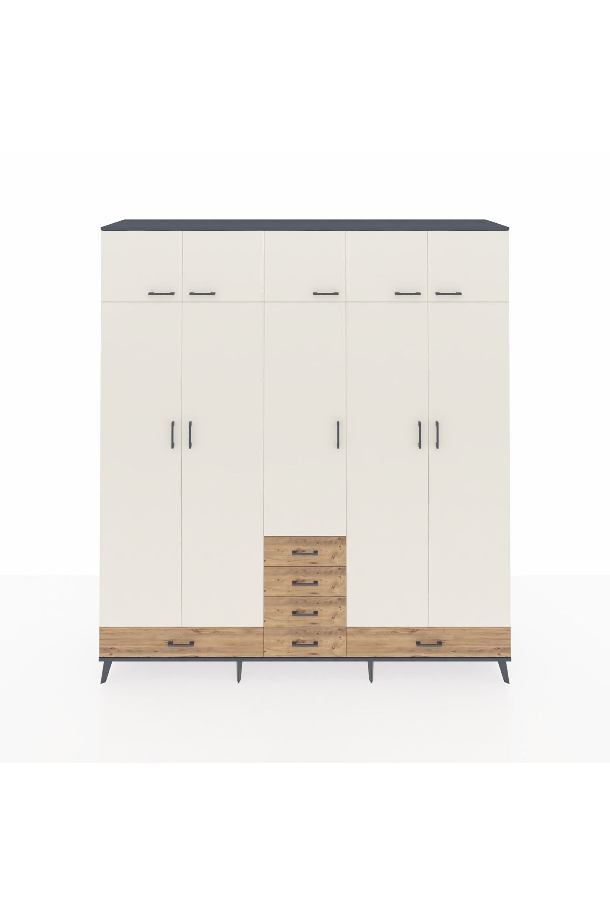 Hyperion Dolap 6 Raflı 6 Çekmeceli 4 Askılı 220x44x243 Antrasit-Aytaşı/Çam