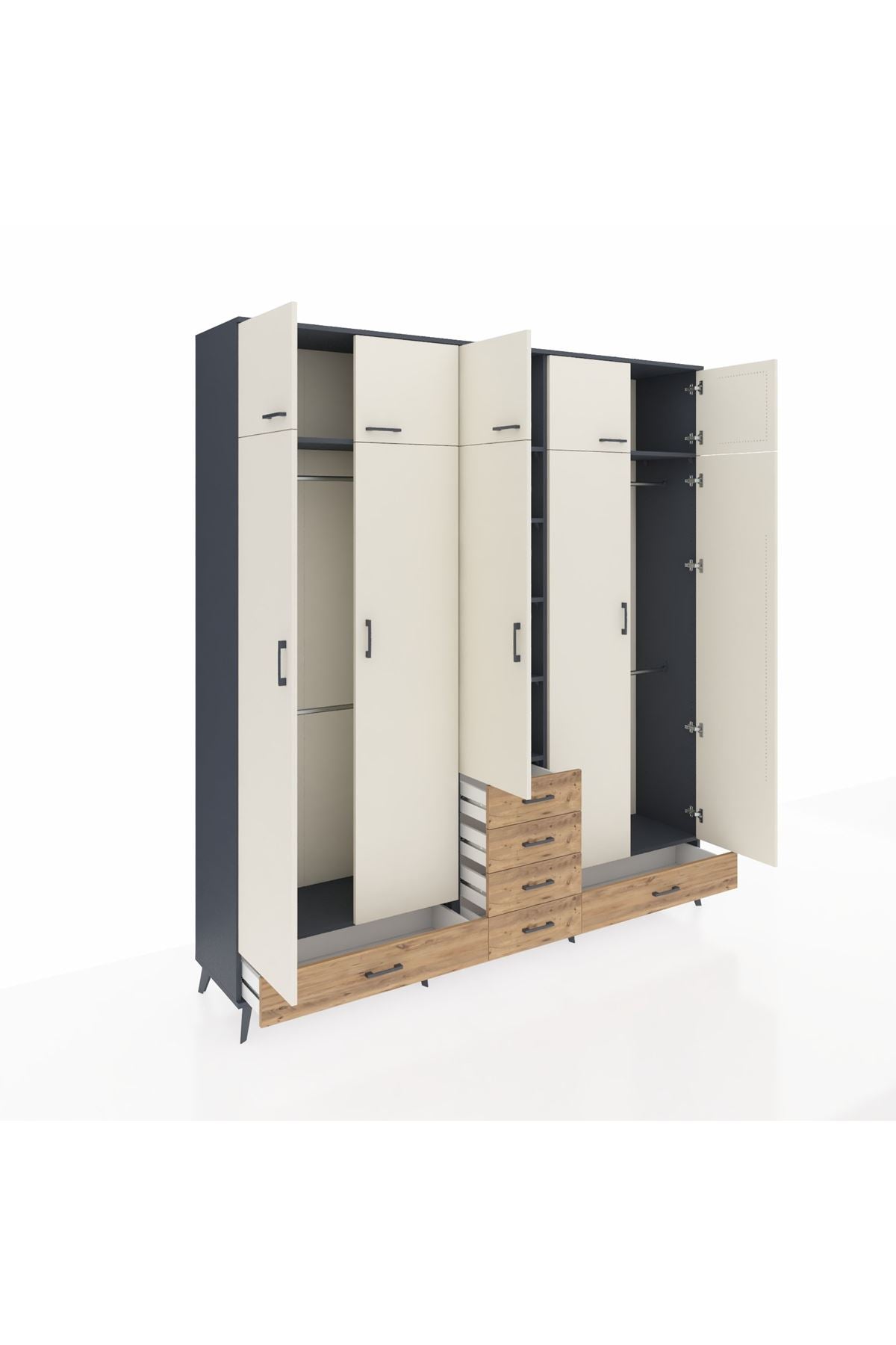 Hyperion Dolap 6 Raflı 6 Çekmeceli 4 Askılı 220x44x243 Antrasit-Aytaşı/Çam