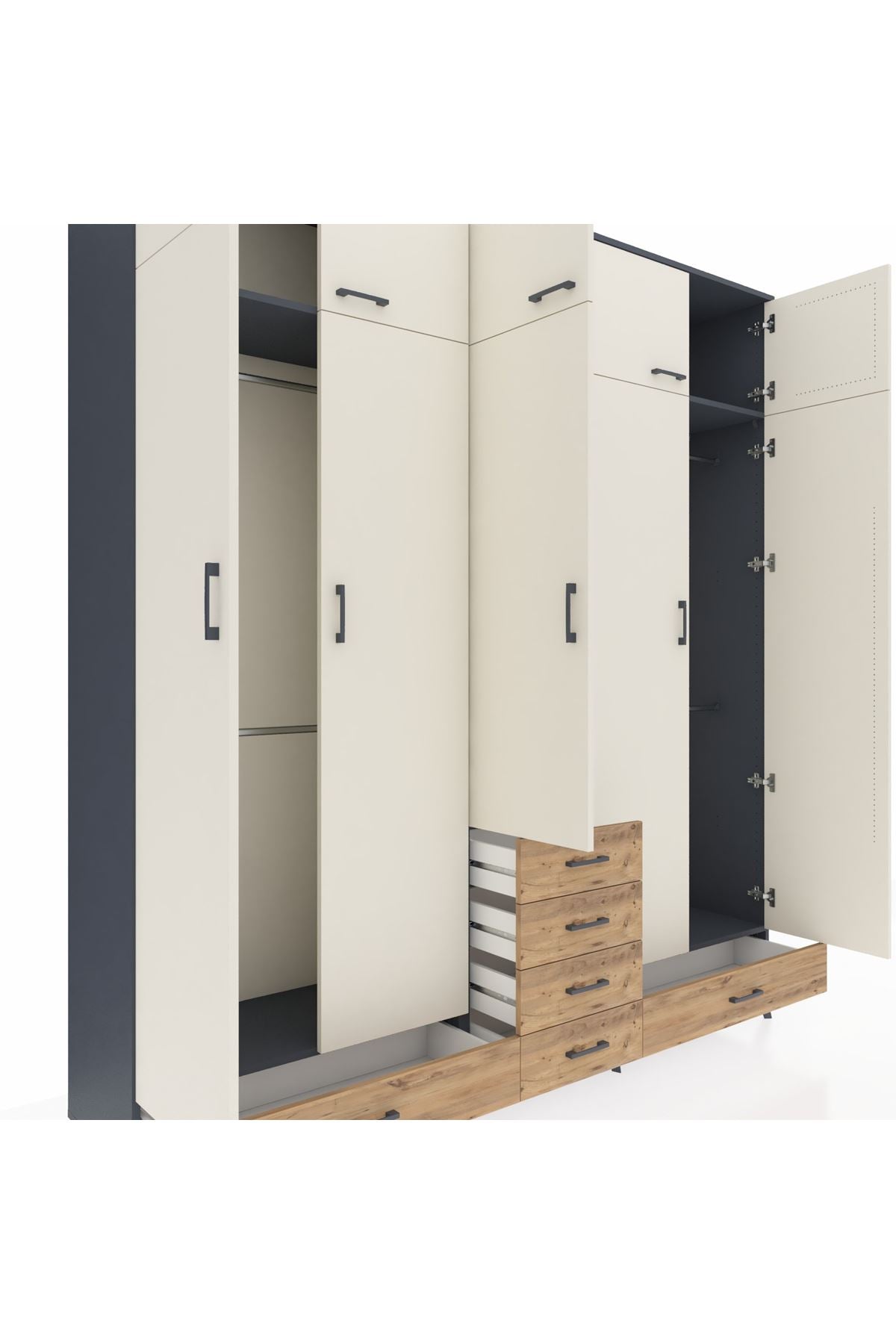 Hyperion Dolap 6 Raflı 6 Çekmeceli 4 Askılı 220x44x243 Antrasit-Aytaşı/Çam