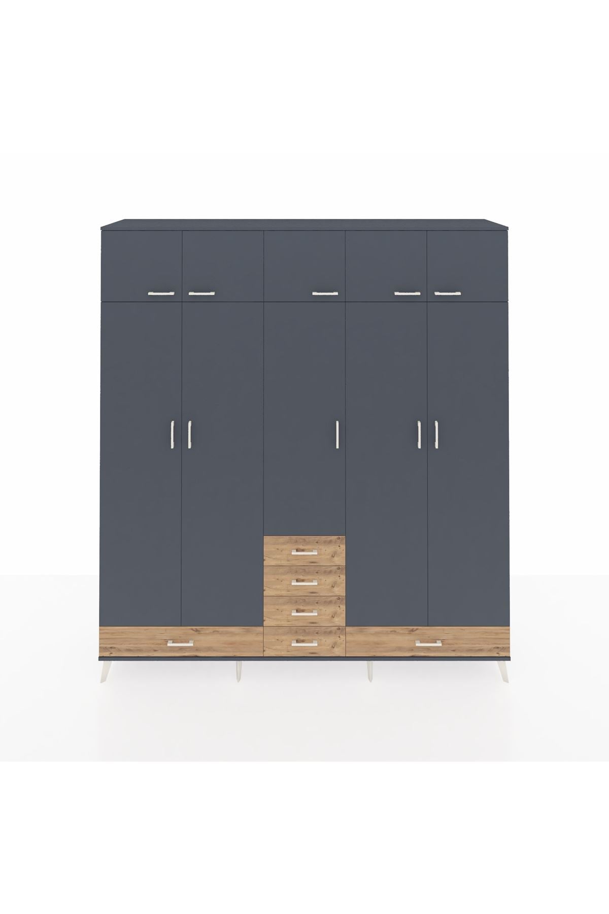 Hyperion Dolap 6 Raflı 6 Çekmeceli 4 Askılı 220x44x243 Antrasit-Antrasit/Çam