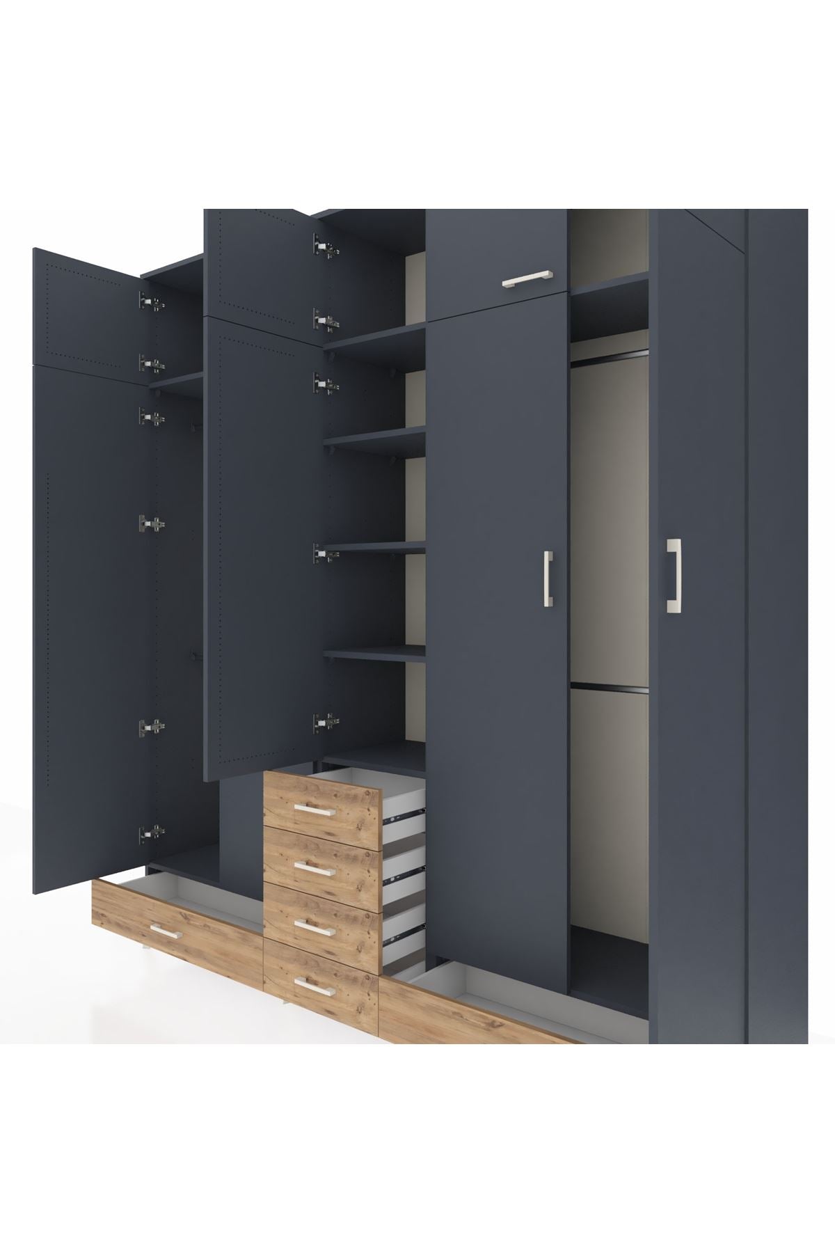 Hyperion Dolap 6 Raflı 6 Çekmeceli 4 Askılı 220x44x243 Antrasit-Antrasit/Çam