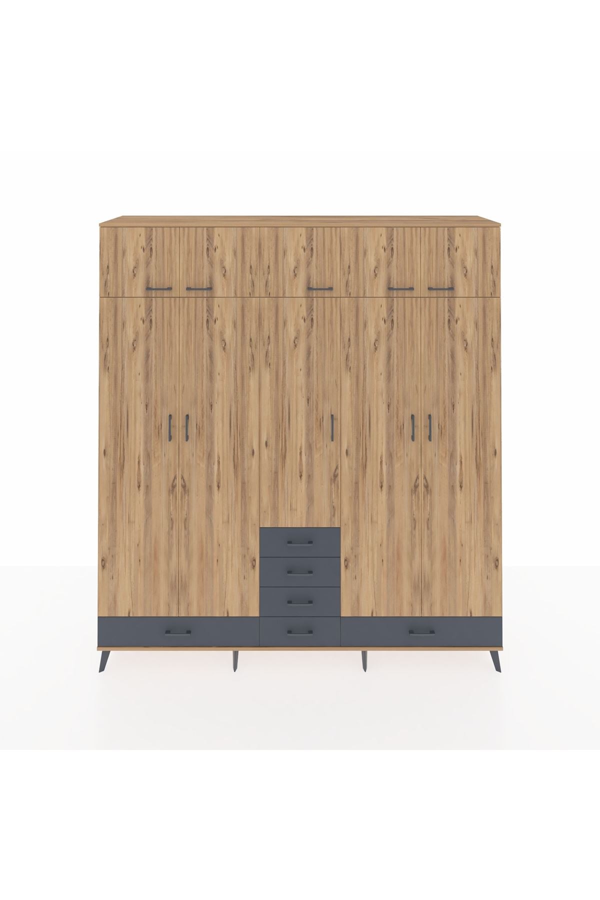 Hyperion Dolap 6 Raflı 6 Çekmeceli 4 Askılı 220x44x243 Çam-Çam/Antrasit