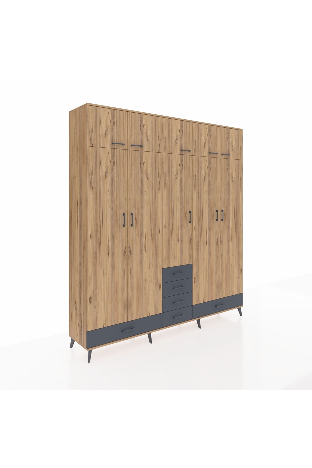 Hyperion Dolap 6 Raflı 6 Çekmeceli 4 Askılı 220x44x243 Çam-Çam/Antrasit