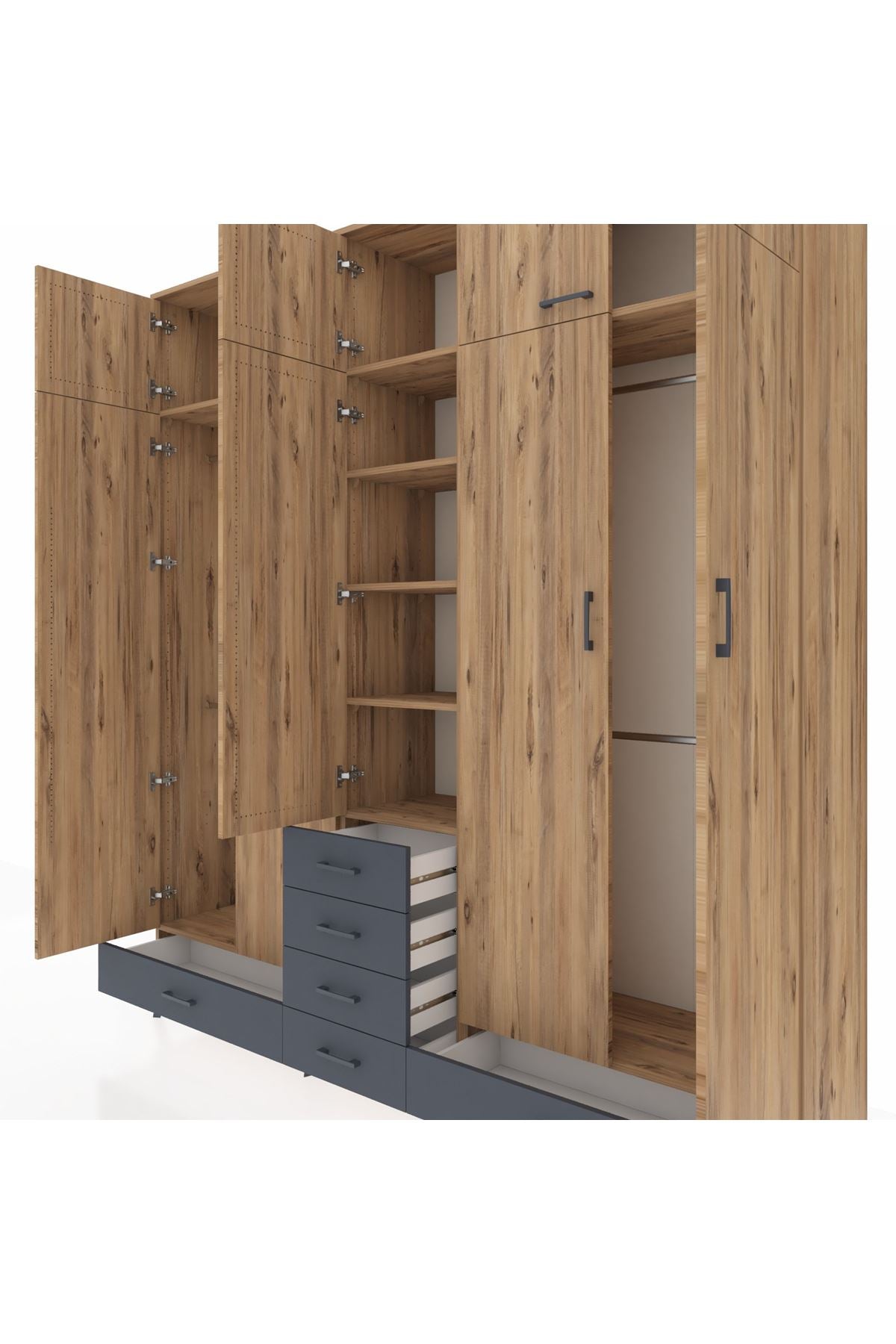 Hyperion Dolap 6 Raflı 6 Çekmeceli 4 Askılı 220x44x243 Çam-Çam/Antrasit