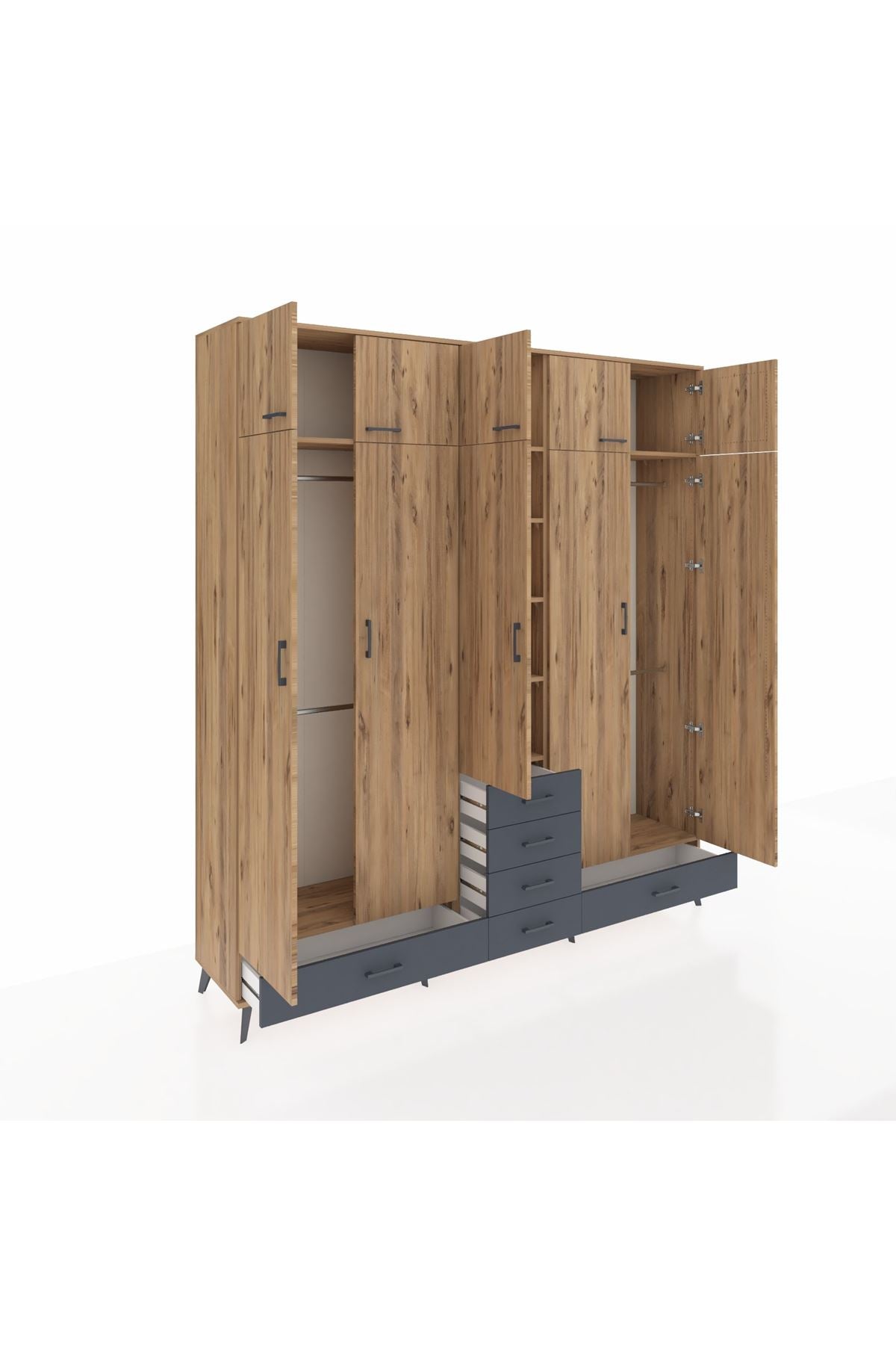 Hyperion Dolap 6 Raflı 6 Çekmeceli 4 Askılı 220x44x243 Çam-Çam/Antrasit