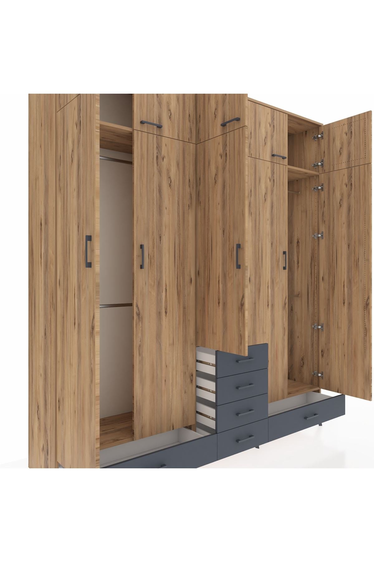 Hyperion Dolap 6 Raflı 6 Çekmeceli 4 Askılı 220x44x243 Çam-Çam/Antrasit