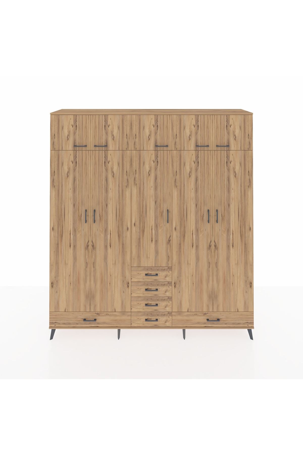 Hyperion Dolap 6 Raflı 6 Çekmeceli 4 Askılı 220x44x243 Çam-Çam/Çam