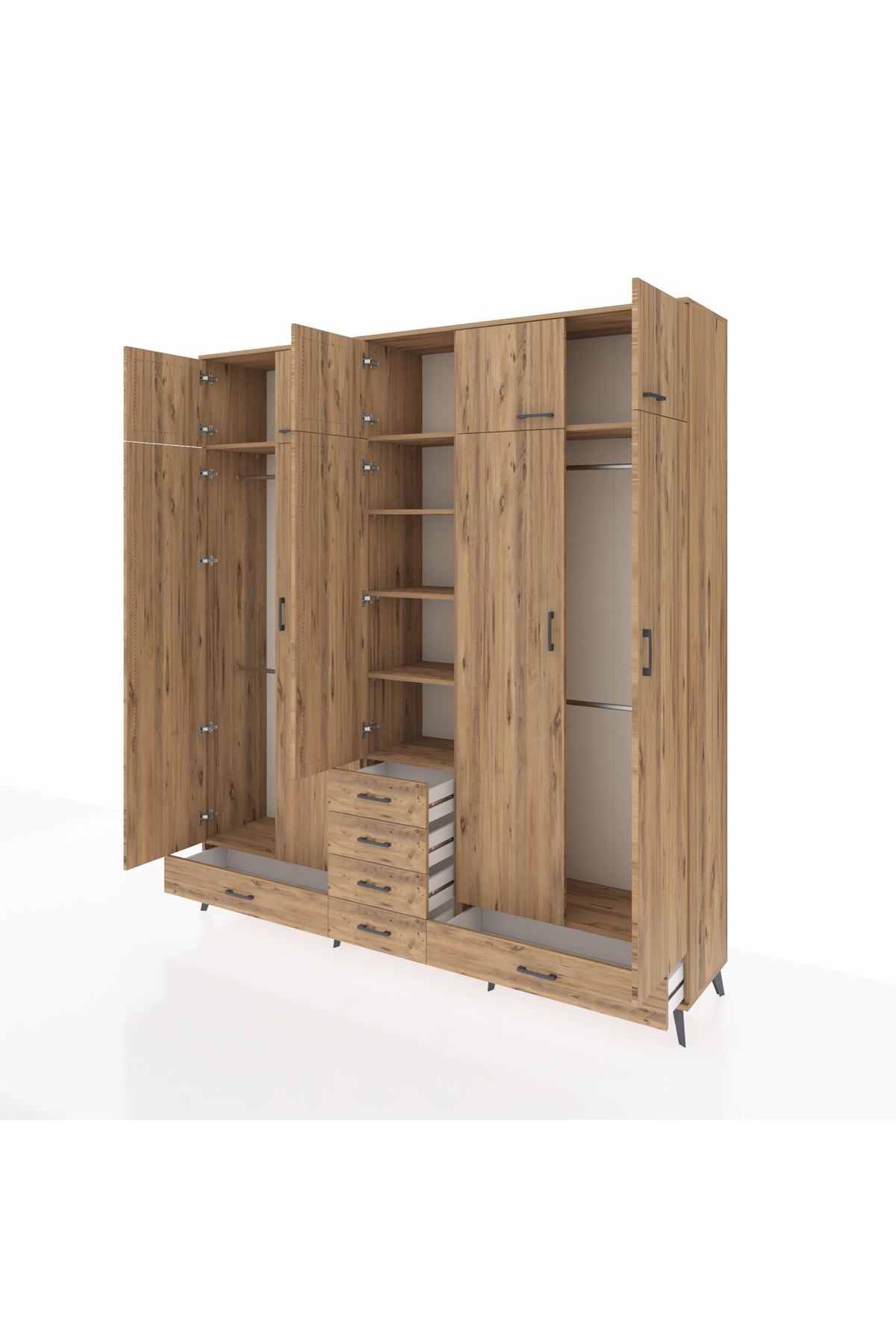 Hyperion Dolap 6 Raflı 6 Çekmeceli 4 Askılı 220x44x243 Çam-Çam/Çam