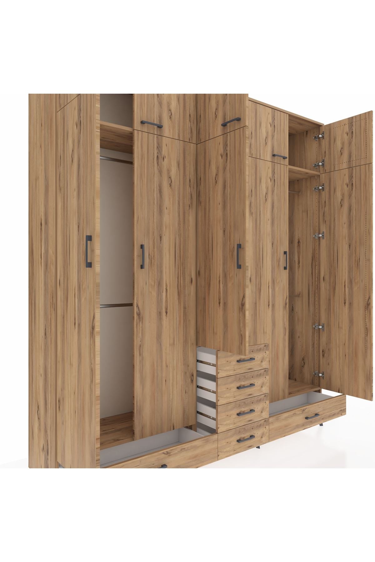 Hyperion Dolap 6 Raflı 6 Çekmeceli 4 Askılı 220x44x243 Çam-Çam/Çam